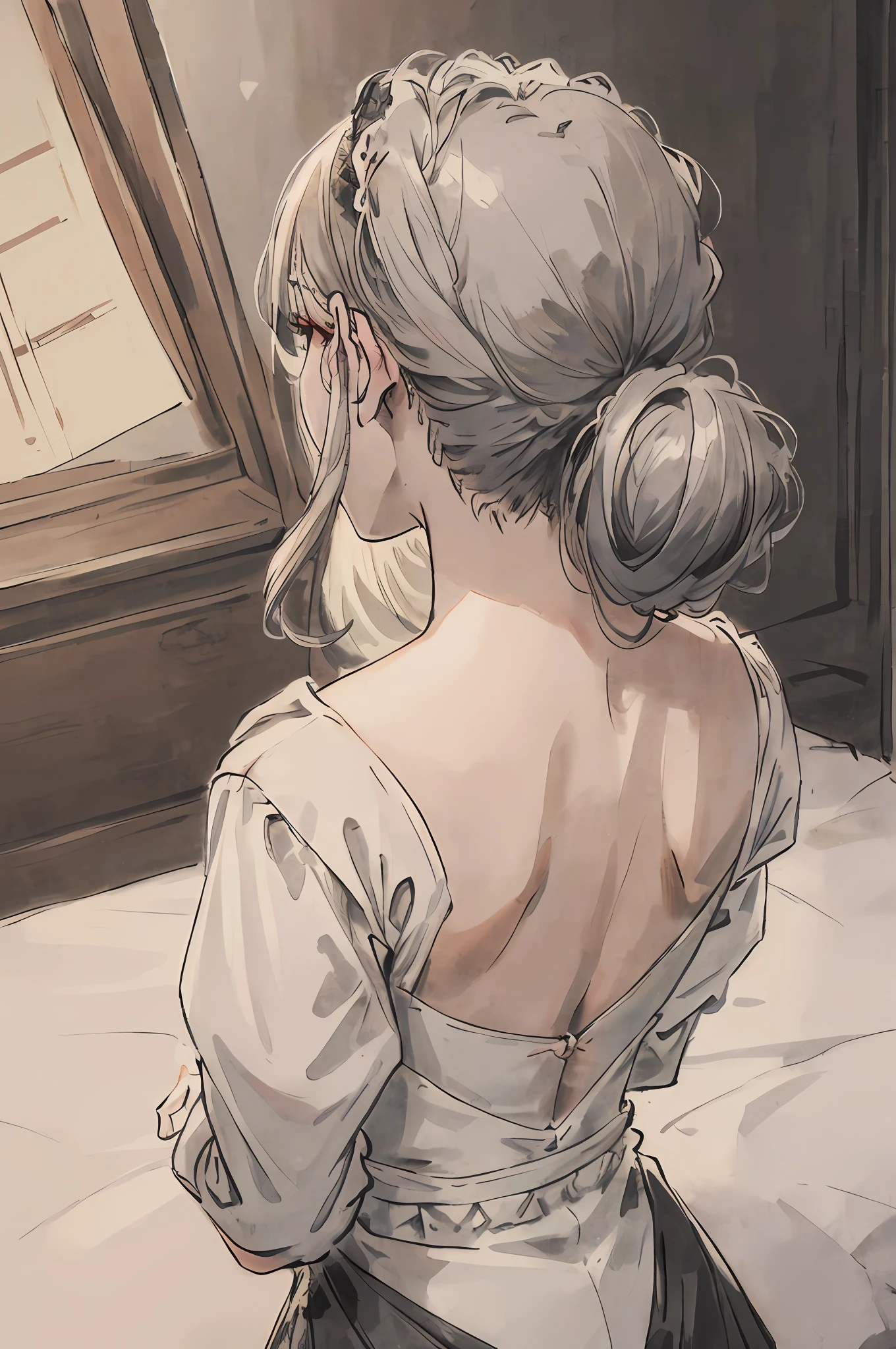 Back view, masterpiece, top quality, very delicate and beautiful girl, very delicate and beautiful, world masterpiece theater, super definition, highest quality, ash gray hair color, high resolution, very elaborate