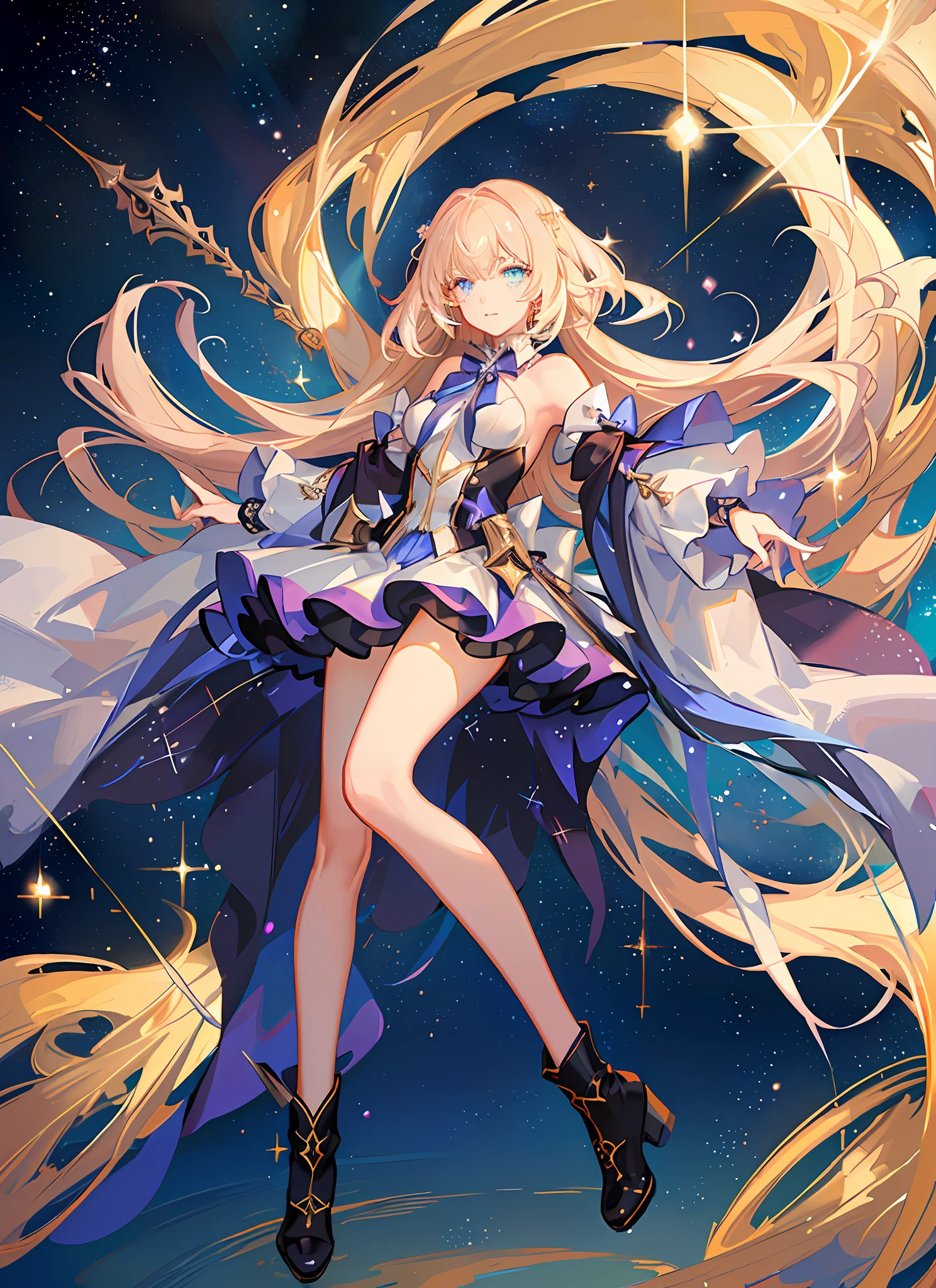 ((magical girl)), ((beautiful starry sky background)), ((ultra-detailed)), ((best artwork)), ((cinematic lighting)), dynamic angle, floating, finely detailed, (glitter: 1,2 ), (sparkle:1.2), (shine:1.2), classic, (painting:1.1), (sketch:1.1), (best quality), (masterpiece:1.2), (anime style), (solo) , beautiful detailed face, (cute face: 1.3), (big eyes: 1.3), colorful hair, (long hair: 1.2), (floating hair: 1.2), (magical girl outfit), detailed outfit, (sparkling wand: 1.3), (magic effects:1.3), (flowing skirt:1.2), (cute boots:1.1), (transparent fabric:1.1), (glitter:1.2), (glow:1.2), (shine:1.2), ( flicker:1.2) , (glare:1.2)