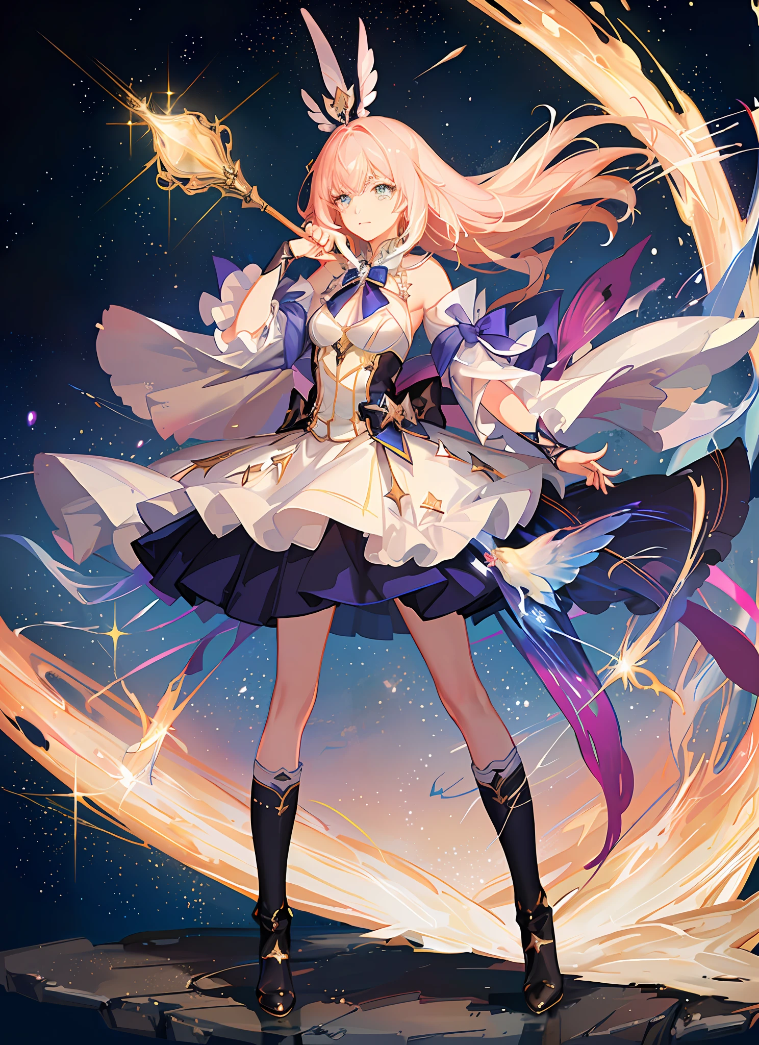 ((magical girl)), ((beautiful starry sky background)), ((ultra-detailed)), ((best artwork)), ((cinematic lighting)), dynamic angle, floating, finely detailed, (glitter: 1,2 ), (sparkle:1.2), (shine:1.2), classic, (painting:1.1), (sketch:1.1), (best quality), (masterpiece:1.2), (anime style), (solo) , beautiful detailed face, (cute face: 1.3), (big eyes: 1.3), colorful hair, (long hair: 1.2), (floating hair: 1.2), (magical girl outfit), detailed outfit, (sparkling wand: 1.3), (magic effects:1.3), (flowing skirt:1.2), (cute boots:1.1), (transparent fabric:1.1), (glitter:1.2), (glow:1.2), (shine:1.2), ( flicker:1.2) , (glare:1.2)