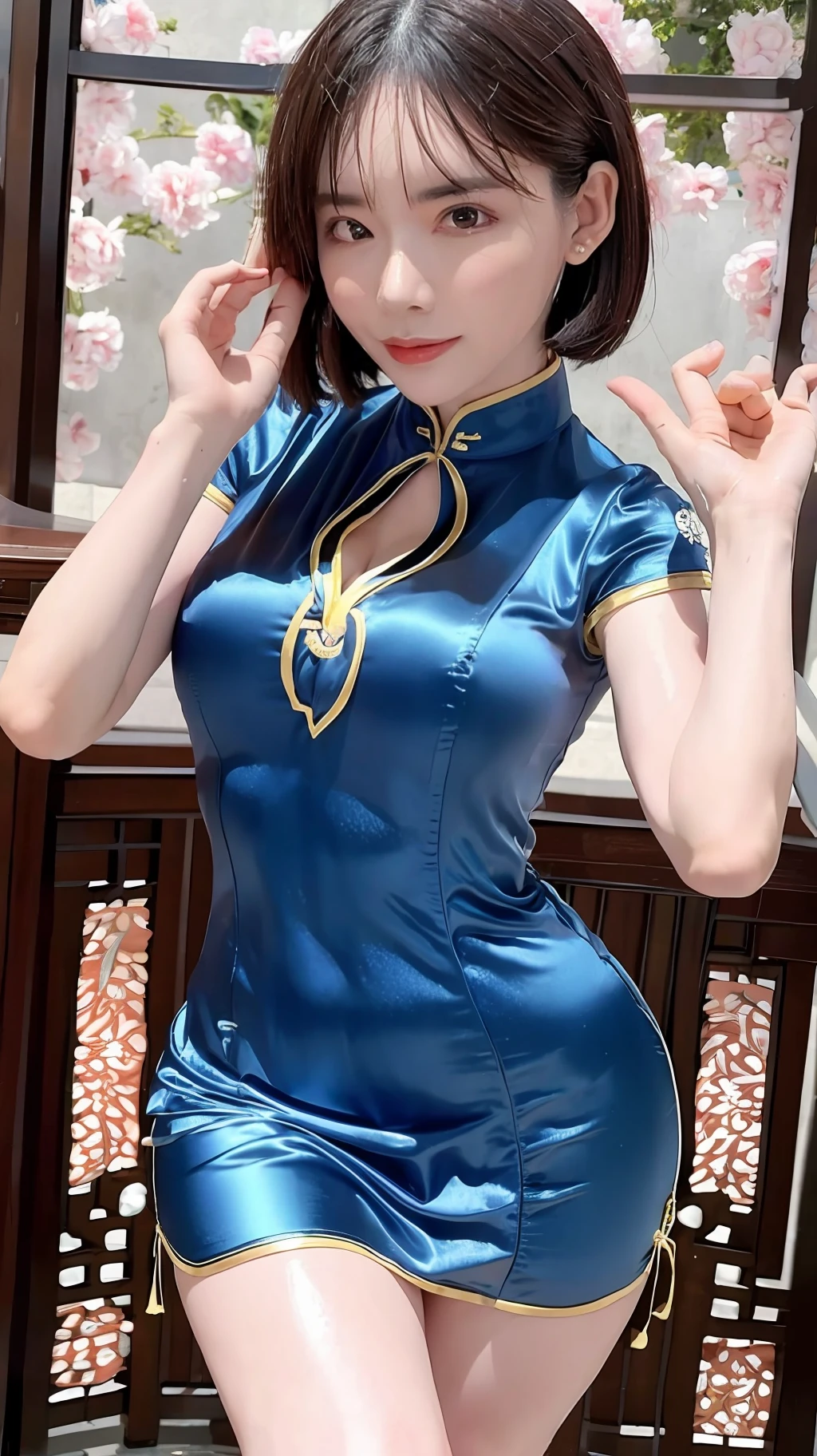 Best quality, best image quality, highest resolution, super detail, china clothes, short sleeve cheongsam, cheongsam material is satin, shiny and soft and smooth to the touch, tight cheongsam, no underwear is worn, Chest is C cup, full body shooting so that the face can also enter, the subject is alone, taken outdoors, soaking wet, sweaty,