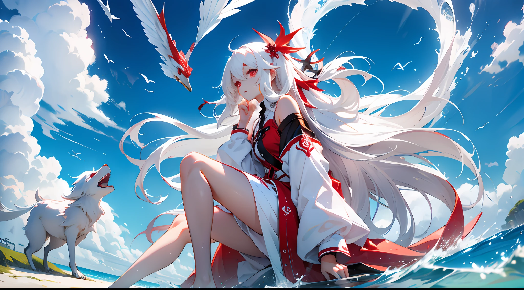 Long white hair, red eyes, beautiful girl, cherry small mouth, lively and cute, seaside, blue sky and white clouds, long legs --auto --s2