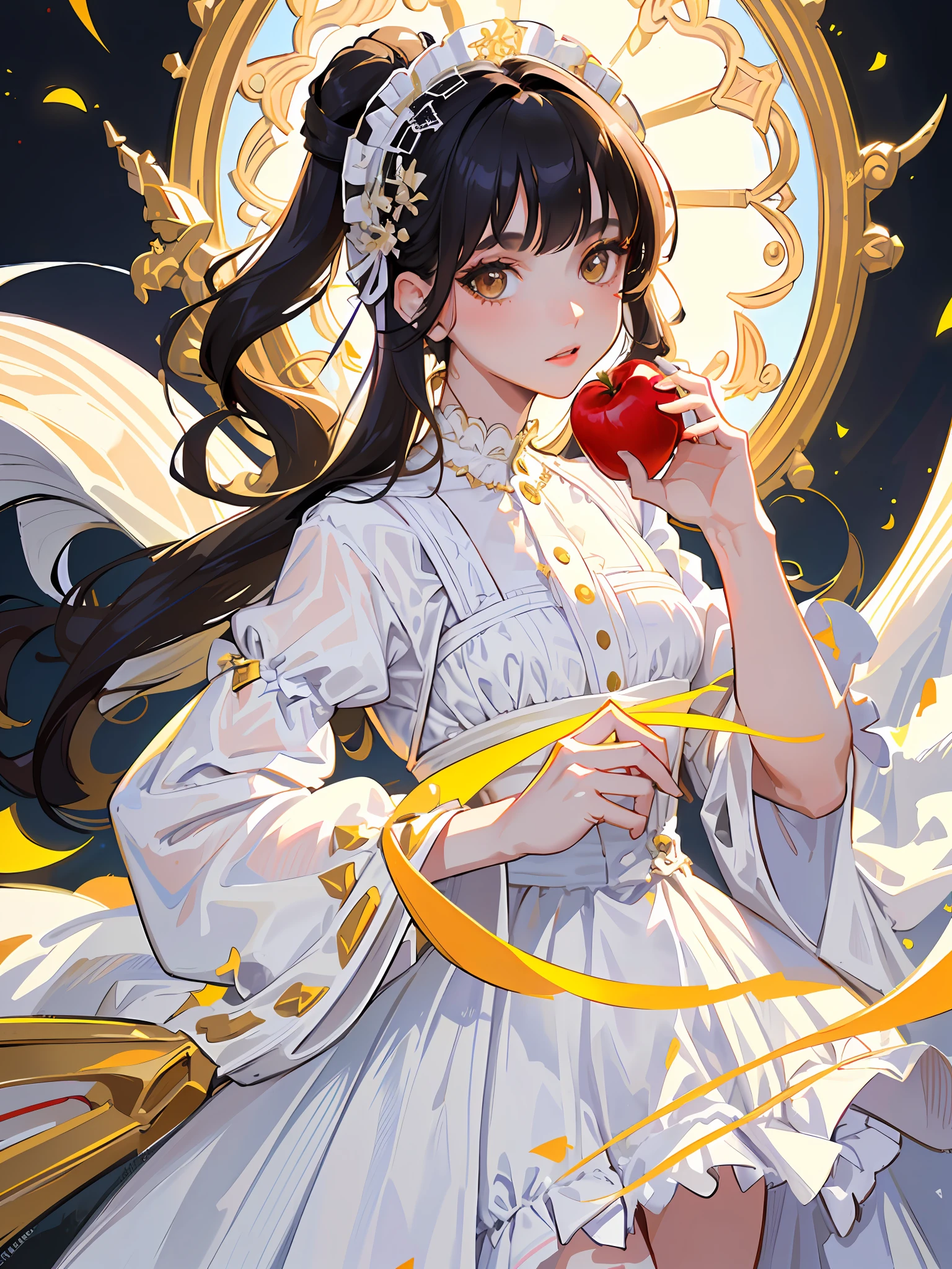 ((4k,masterpiece,best quality),Solo,1girl,bunches hair,wavy black hair,white skin,detailed clothes, olded lolita dress(ruby and cream colors)holding an apple,beautiful face,brown eyes,slimish,lighting yellow,basic bacground((opal color),look at viewer