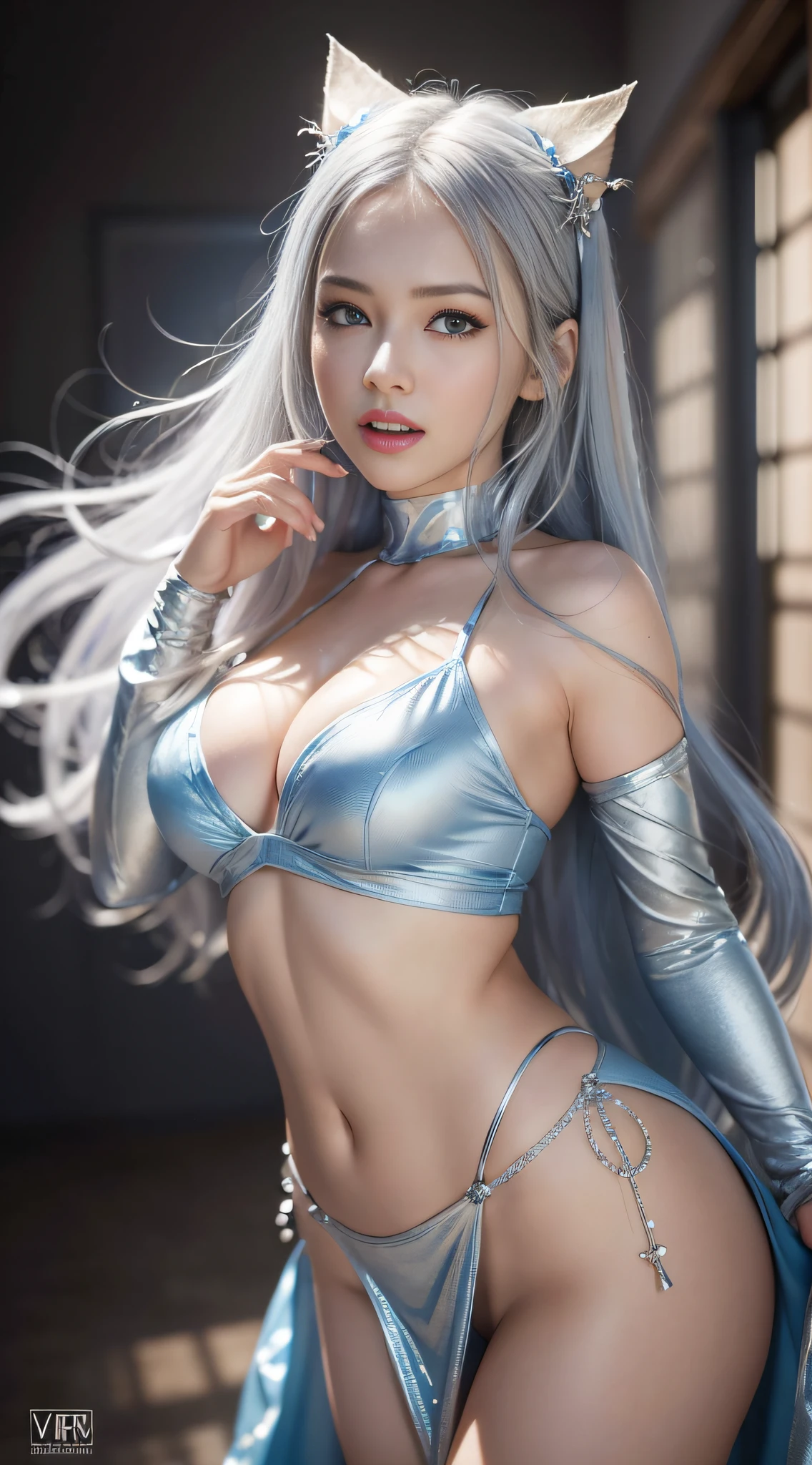 best quality, blue long hair, ultra high res, (photorealistic:1.4), 1girl,silver dress,white teeth, slightly open mouth, warm tone cinema light, (slightly turned around body:1.4) PureErosFace_V1, white tit, cowgirl,heavy eye makeup, erotic pose