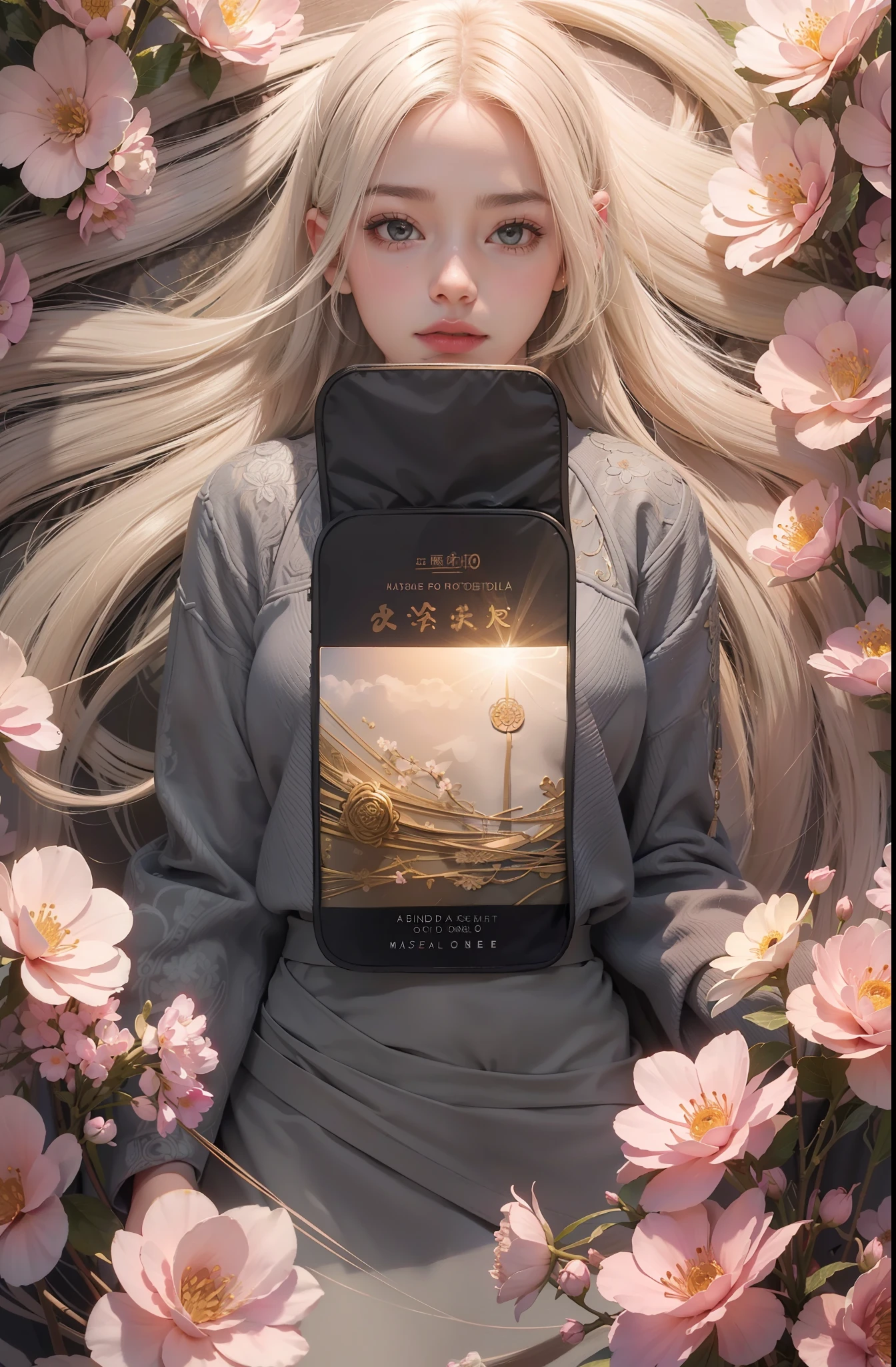 Please put the solid balm picture above inside, 1 girl, solo, waist up, from above, (zen entanglement, mandala, tangled, tangled), (blossom: 1.2) official art, Unity 8k wallpaper, super detailed, aesthetics, masterpiece, best quality, realistic