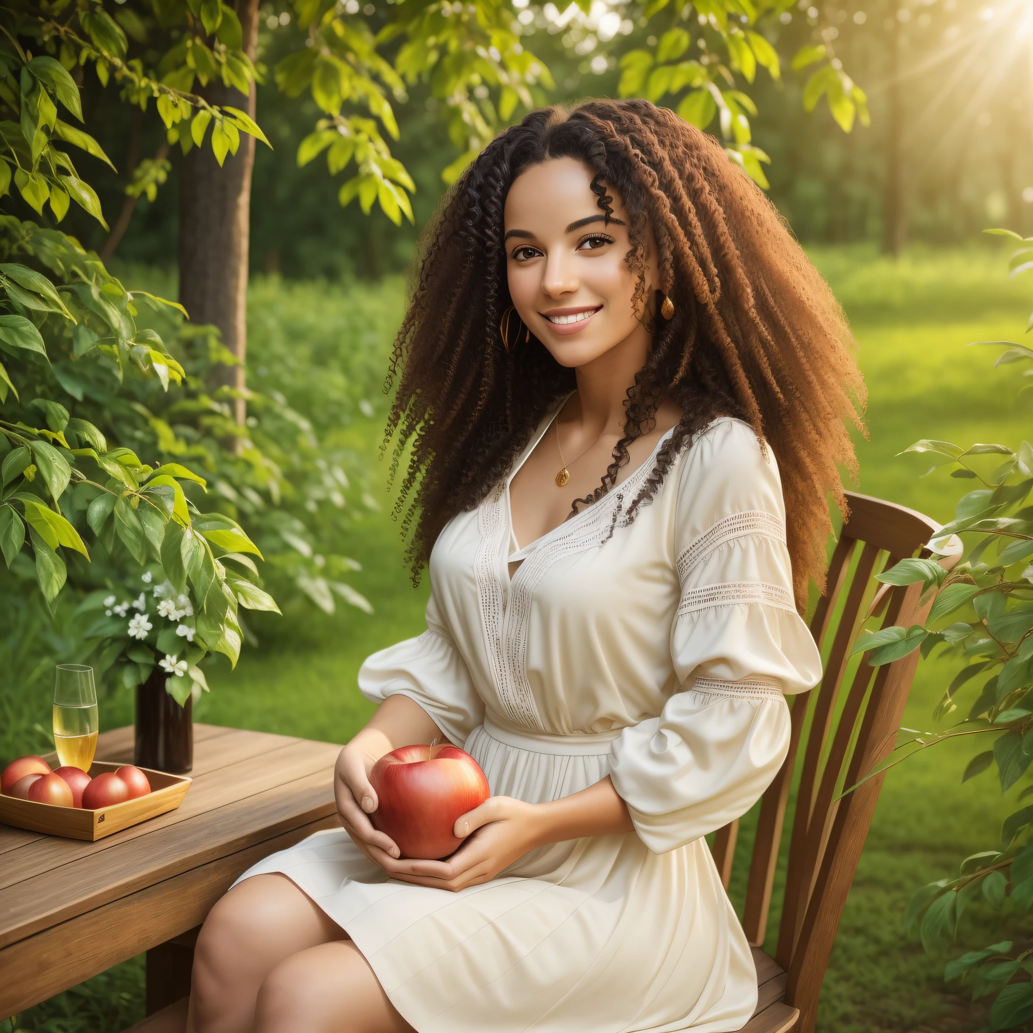 An elegant lady with long, curly hair is sitting at a wooden table in a lush garden, taking a bite out of a juicy red apple. The sun is setting, casting a warm golden glow over the scene, while the gentle breeze is rustling the leaves of the nearby trees and carrying the sweet scent of flowers. The lady is smiling and content, enjoying the simple pleasure of the moment and the beauty of nature around her. --auto --s2