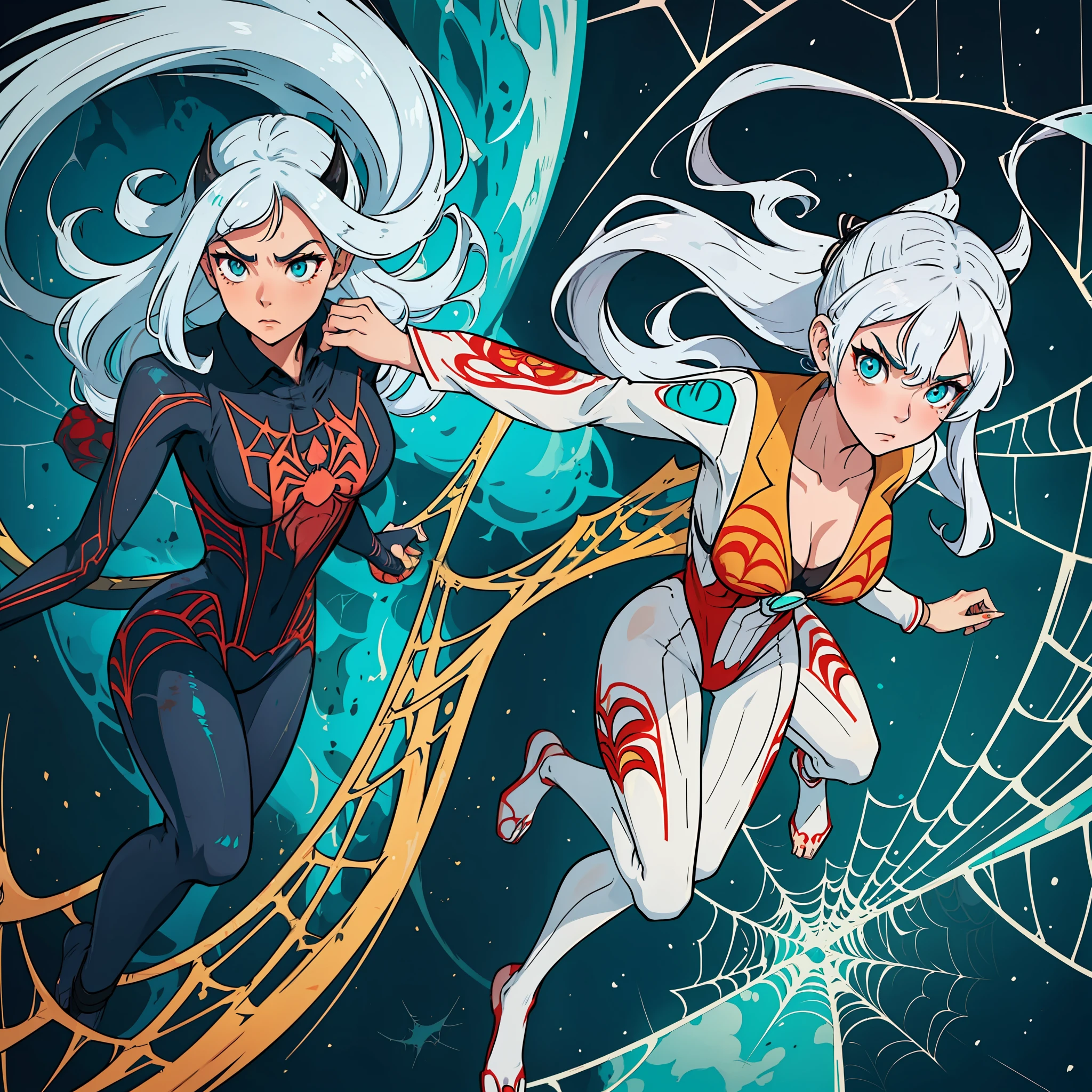 (An anime-style woman, 25 years old, has long white hair and cougar ears, as well as a pumarute. She has caramel-colored skin and turquoise eyes. She wears closed-toe clothing, a spider suit decorated with a spider web print, and a spider web floats in the background.)