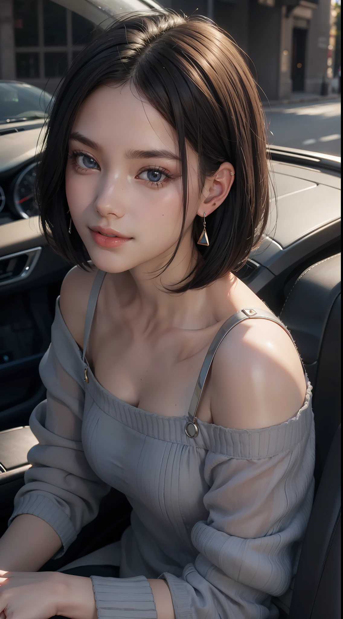 masterpiece, top quality, raw photo, photorealistic, big, face light, shiny skin, high resolution, super detail, detail, detailed eyes and face, sharp pupils, smile, sharp focus, shiny skin, in the car, black hair, short hair, earrings