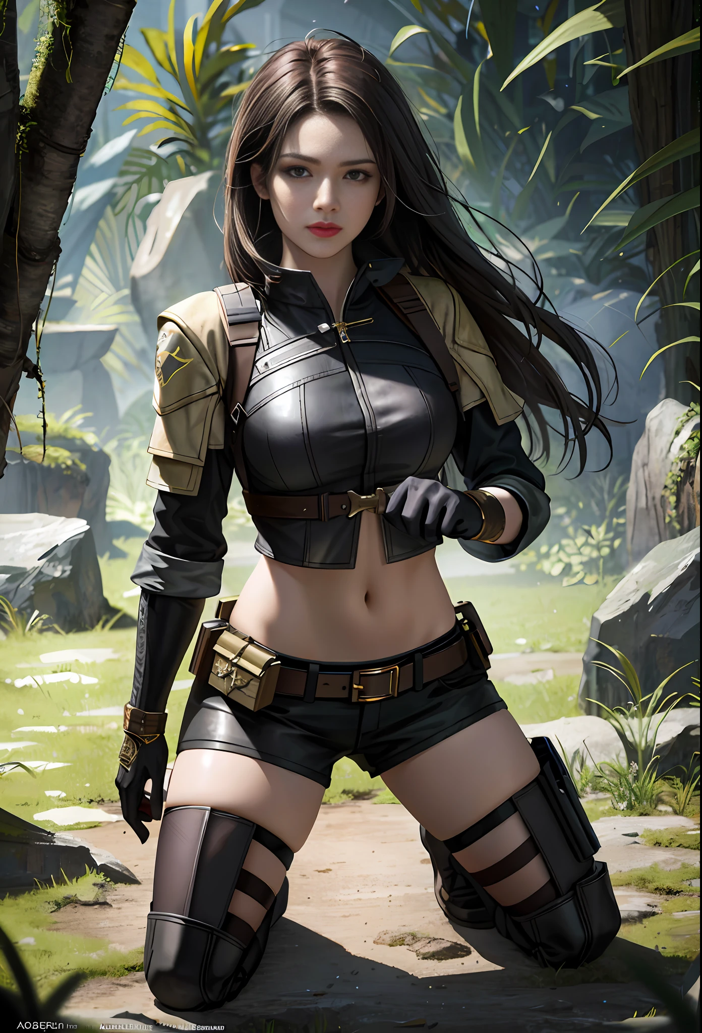 looking at viewer, half body angle, cave background, movie still, chiaroscuro lighting, Rembrandt lighting, female hunter, Wearing jungle clothing, brown long hair, appropriate muscle definition, half-kneeling on the ground, heroic posture, realistic style,(8k, RAW photo, best quality, masterpiece:1.2), (realistic:1.3), (photorealistic:1.3), detailed facial features, ultra-detailed, Masterpiece, realistic lighting, best quality, masterpiece,best quality,extremely detailed CG unity 8k wallpaper,on artstation