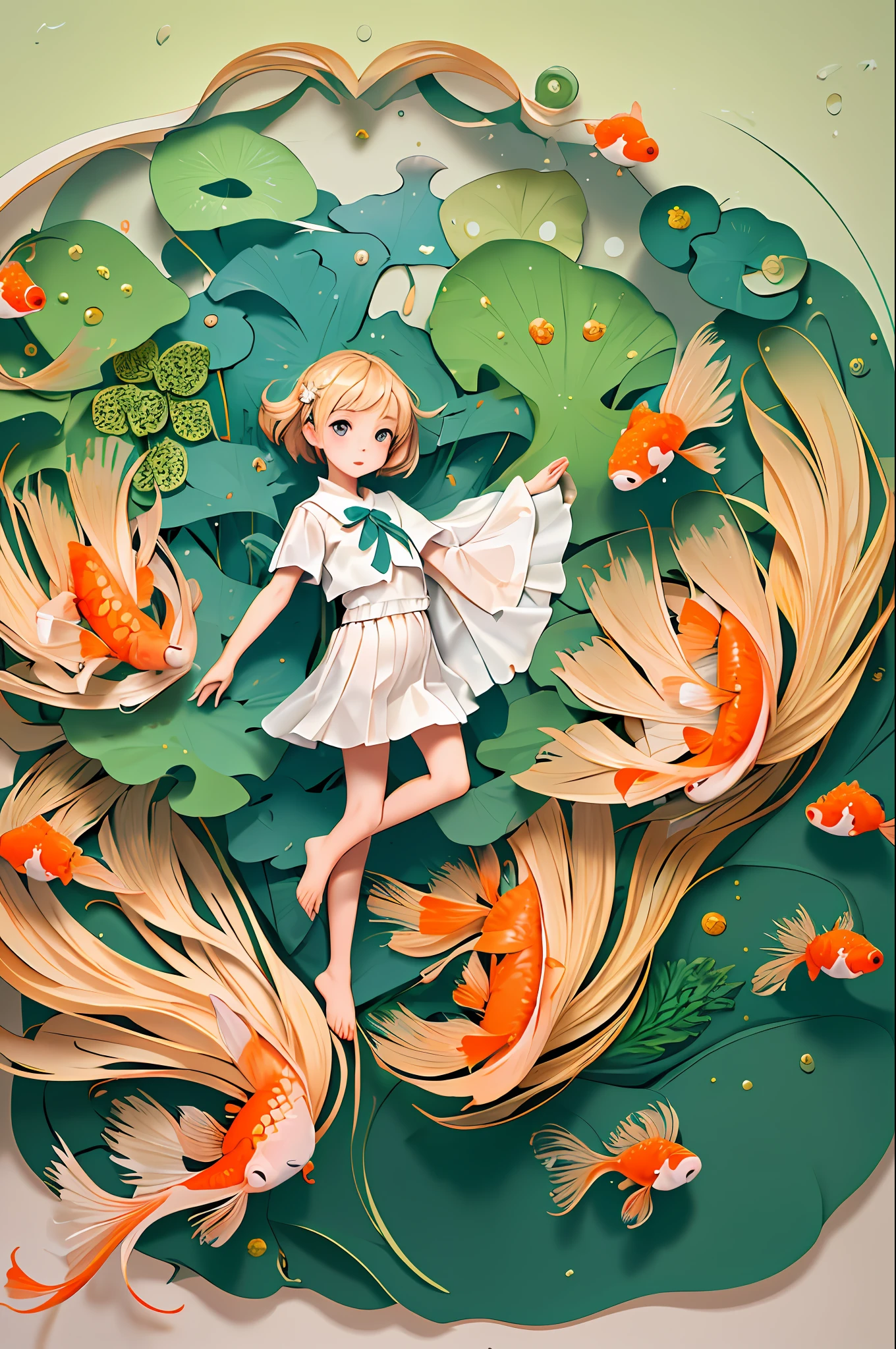 (Masterpiece), Best Quality, Illustration, Beautiful Details Glow, 1 Cute ***********, Cute Facial Features, Solo, Full Body, White Cloth, Lotus, (Goldfish), Unified 8k wallpaper, detailed, beautiful and aesthetic