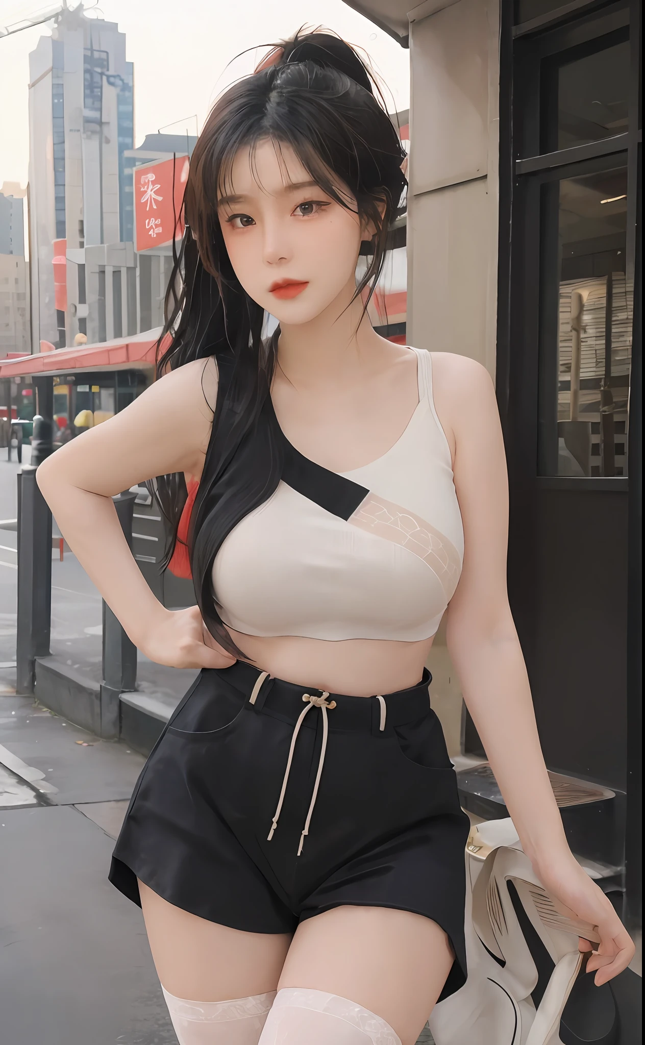 (masterpiece, realistic, high resolution), ((1 girl): 1.2), Korean, ((white wavy hair): 1.3), (heterochromic eyes: 1.1, thick eyebrows,), (medium breasts: 1.2, small waist, thighs), catwalk walk, masterpiece: 1.2, best quality), realism, (real pictures, rich detail details, depth of field), (1 girl, solo), makeup, high detail, perfect face shape, (: 1.4), (skin dents), thick thighs, wide hips, thin waist, high, coral, red lips, red eyes, ponytail, (sweat: 1.2), (wet), sexy, blush, (shy expression), Vests, suspenders, belly pockets, stockings, fishnet socks,