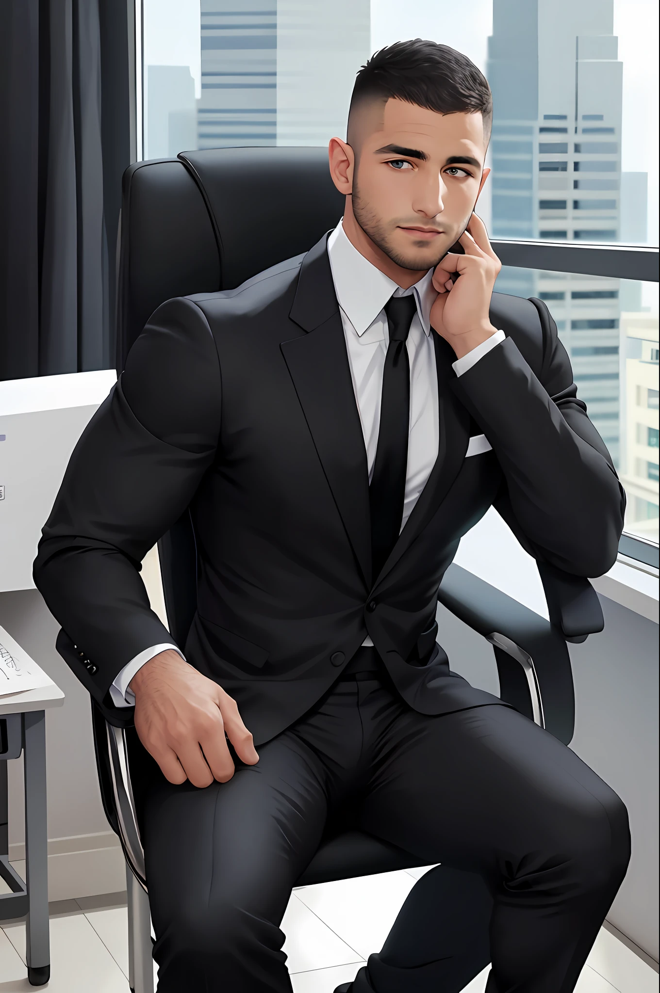 a handsome muscular middle eastern man sitting in the office,crew cut, black business suit, white tie, windows,cityscape,full body, 25 year old male,[plump],[chris redfield],