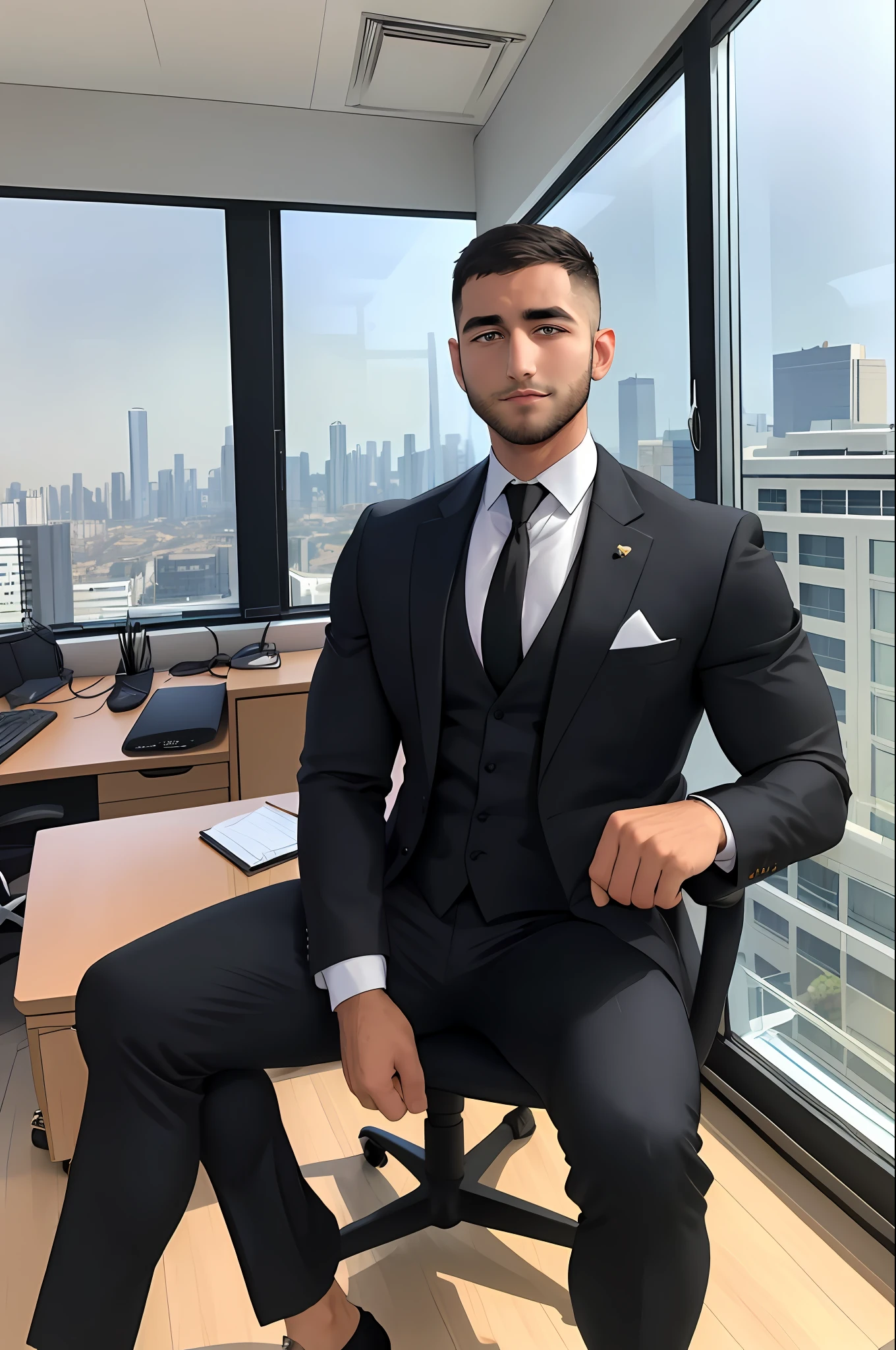 a handsome muscular middle eastern man sitting in the office,crew cut, black business suit, white tie, windows,cityscape,full body, 25 year old male,[plump],[chris redfield],