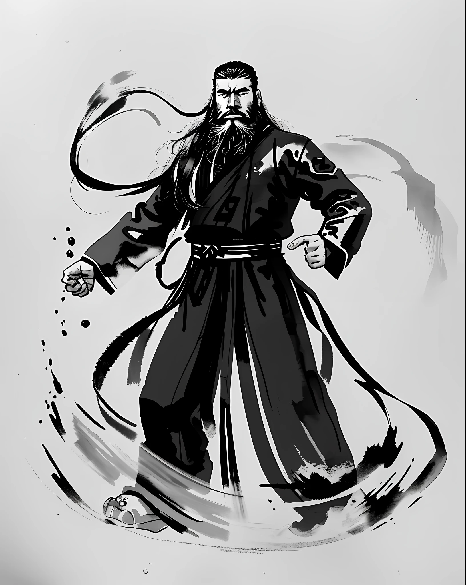zydink, monochrome, ink sketch, 1boy, asian (teen man), (long beard, beard), fighting stance, looking at the audience, long hair, floating hair, hanfu, chinese clothes, long sleeves, (abstract ink splash: 1.2), white background