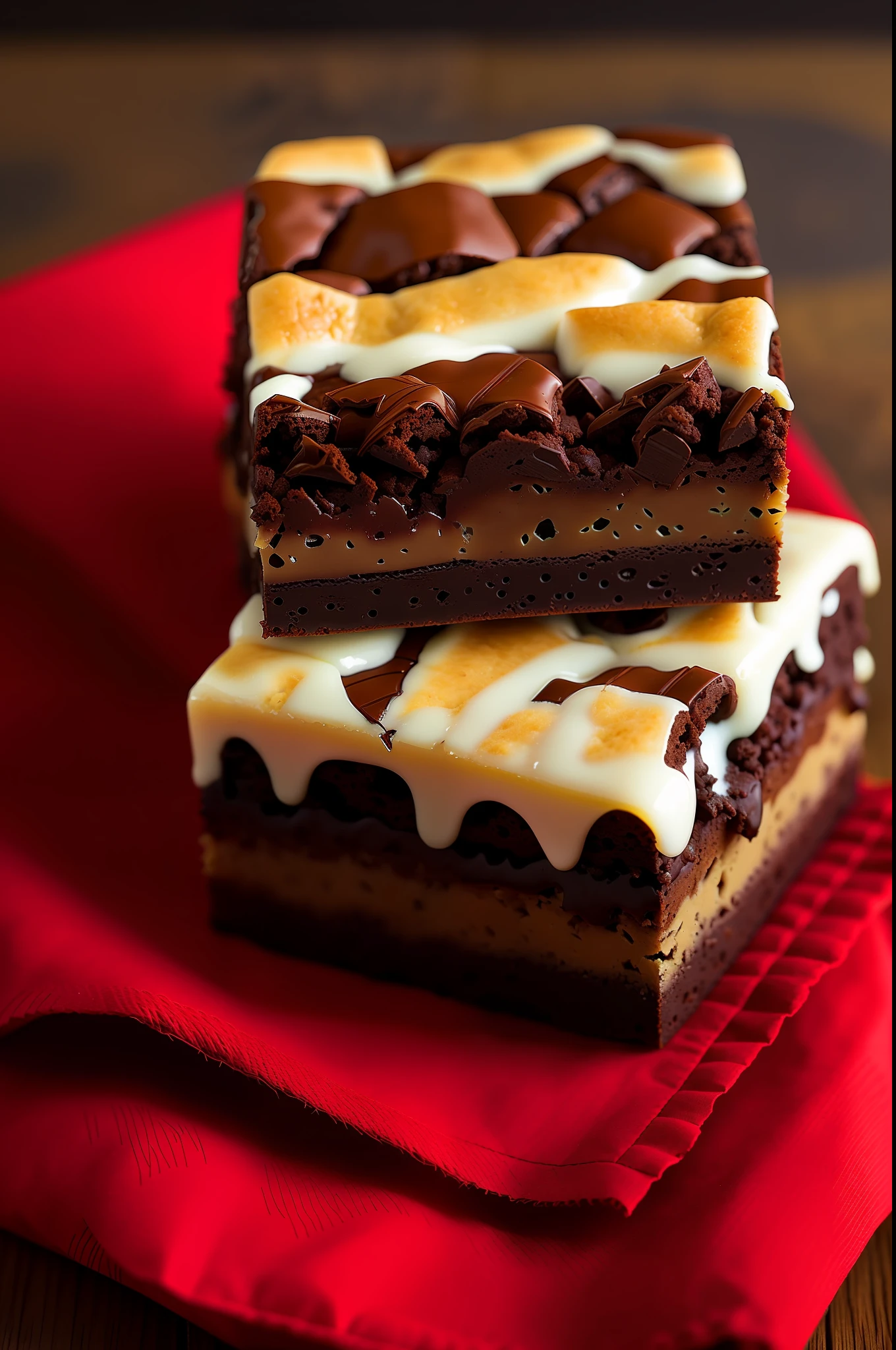 Square chocolate brownie stuffed with plaid scarf.