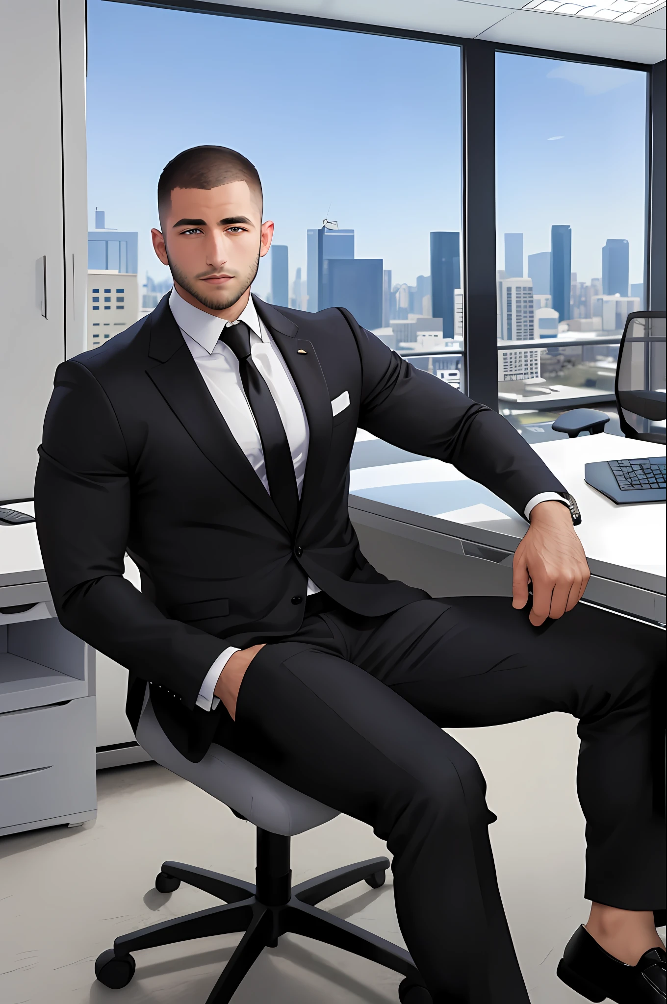 a handsome muscular middle eastern man sitting in the office,crew cut, black business suit, white tie, windows,cityscape,full body, 25 year old male,[plump],[chris redfield],