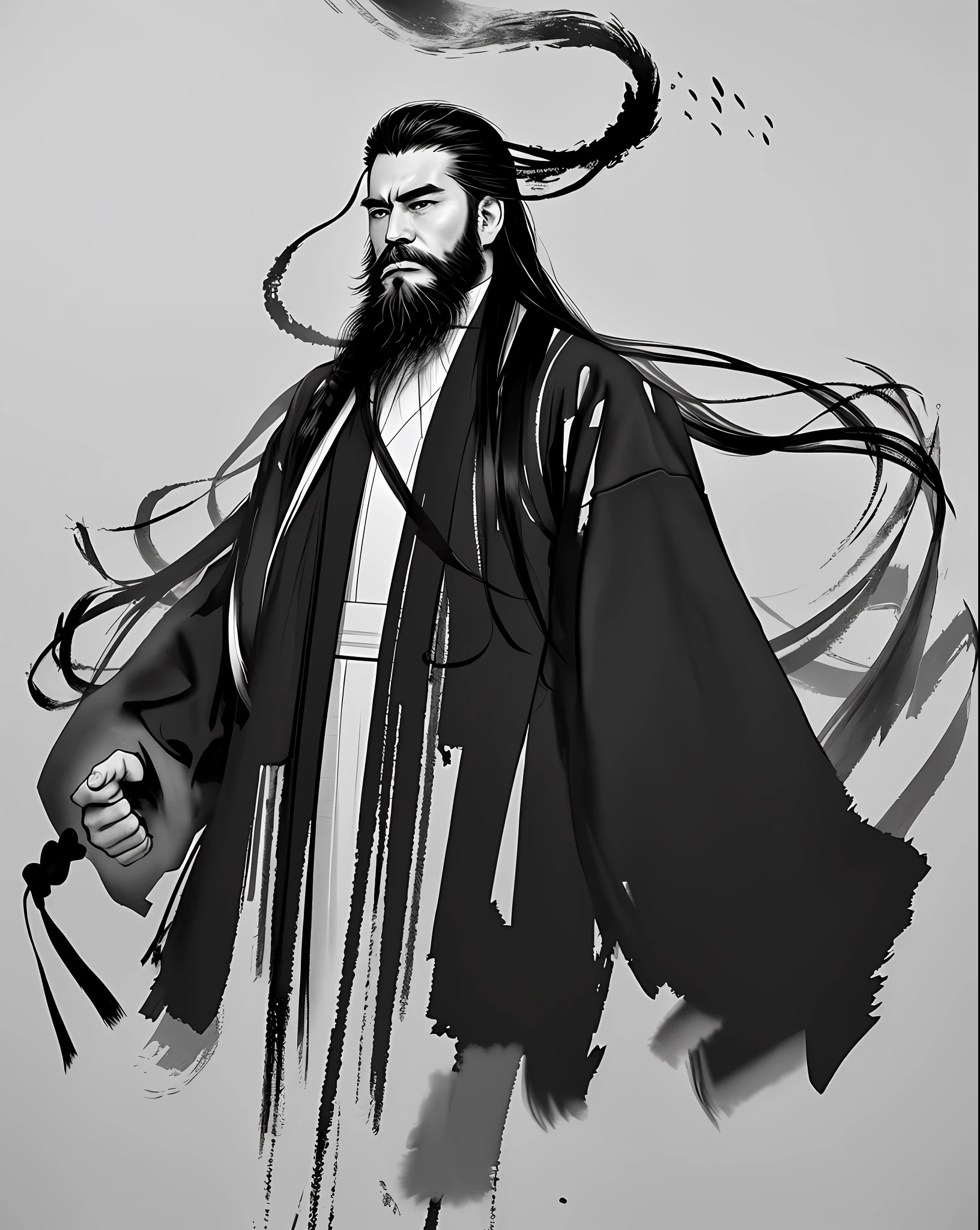 zydink, monochrome, ink sketch, 1boy, asian (young man), (long beard, beard), fighting stance, looking at the audience, long hair, floating hair, hanfu, chinese clothes, long sleeves, (abstract ink splash: 1.2), white background