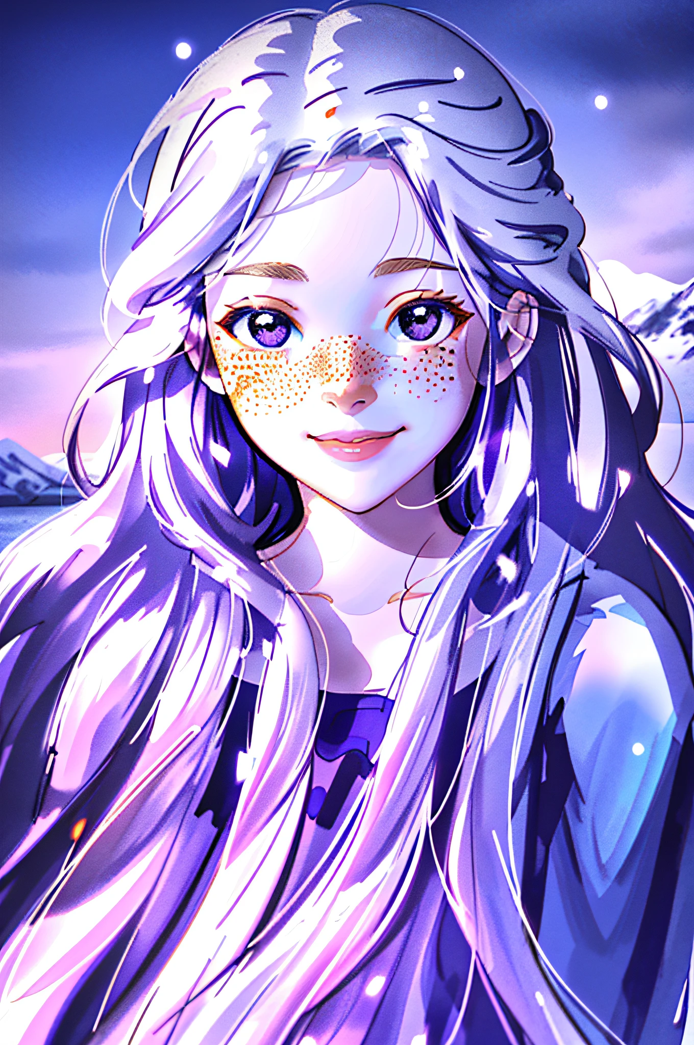 glowing purple, close-up portrait of beautiful smiling woman with freckles, snow-covered mountain, full body, 16mm, 35mm, vivid colors, high quality, white balance, kodak film, high detail