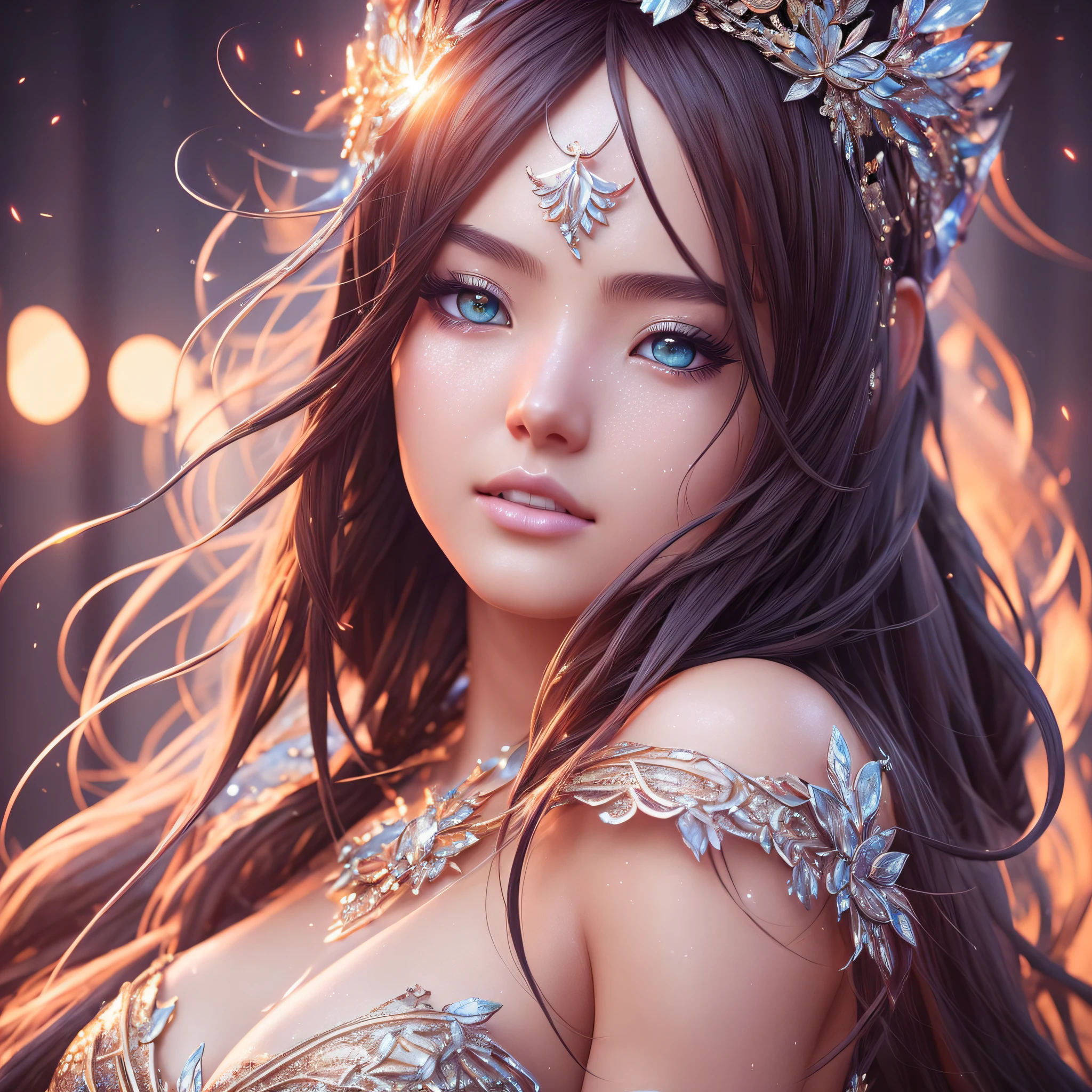 A highly detailed digital artwork that blends 3D Unreal Engine and 2.5D CGI technology. Beautiful close-up of women, oily skin, is a fantasy anime character. The trend of using Rossdraws and Artgerm, combined with volumetric lighting, presents a grand scene. --auto --s2