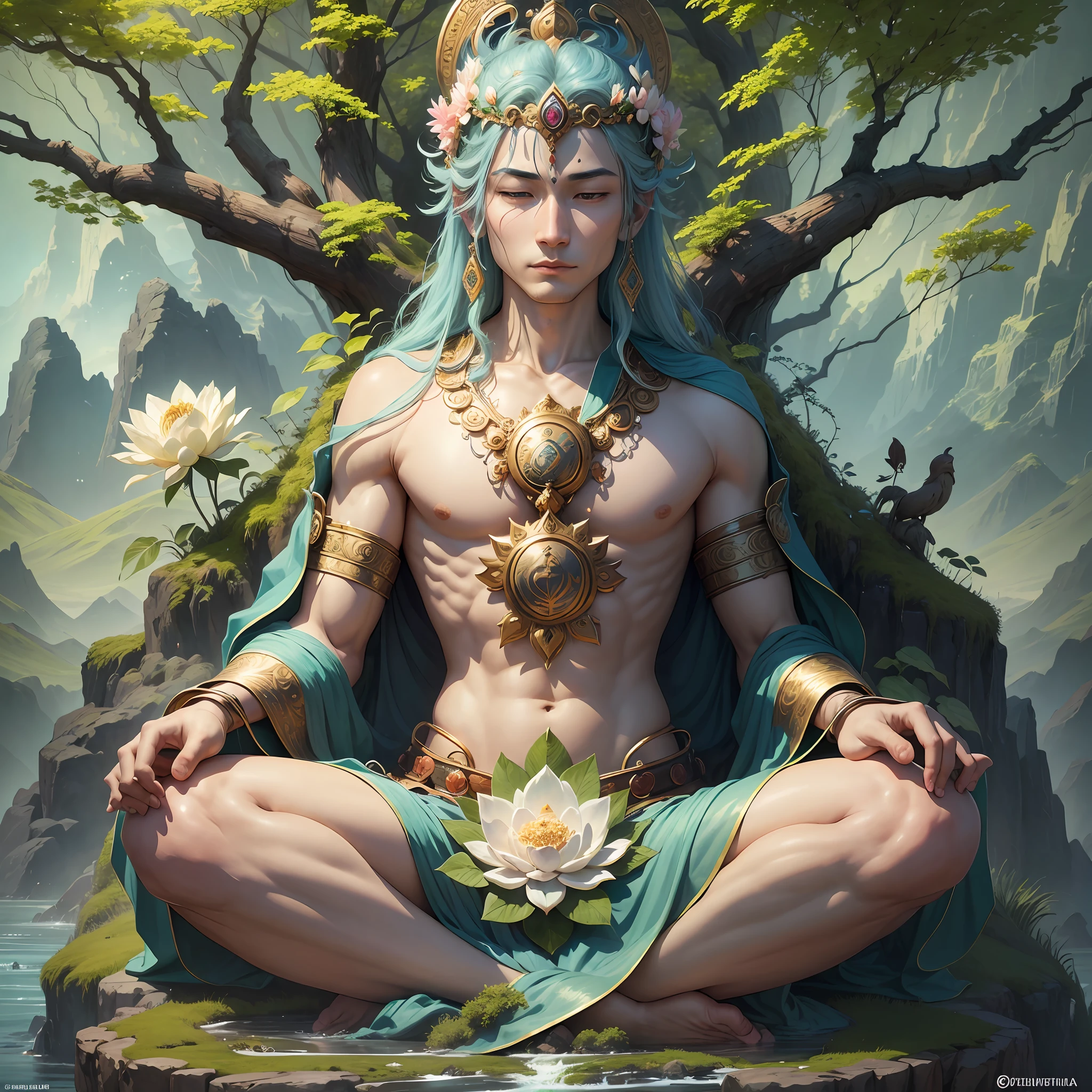 In the midst of the magnificent natural landscape, a geographical bodhisattva with his hands folded sits quietly on a lotus flower, radiating the light of compassion and wisdom.
The figure of the geographical bodhisattva is solemn and serene, with slender arms folded in front of his chest. His face is kind and dignified, and his eyes reveal endless wisdom and compassion, as if he is silently listening to the voice of the earth and all things.
The bodhisattva's posture is like a rising mountain between the sea of clouds, and his crown shows a touch of nobility and majesty through the clouds. His body is made up of clear water and a green forest that flows through his body and becomes part of his cassock. The cassock spreads out and flows like a waterfall, symbolizing the boundlessness of compassion.
Beneath the Bodhisattva of geography is a vast land of fertile land, crisscrossing rivers and rolling mountains. He sits on the earth as if he were the embodiment of the earth, transmitting the strength and stoic wisdom of Mother Earth.
The surrounding natural landscape blends in with the geographical bodhisattva. Mountains tower, flowers and plants bloom, trees flourish, birds chirping, and the sounds of nature intertwine to create an atmosphere of tranquility and peace.
The Bodhisattva of geography exudes the power of tolerance and acceptance, and he is the guardian of the earth and a symbol of wisdom. His folded hands are a tribute to the earth, as well as his blessing and compassion for all living beings.
In the vicinity of the Bodhisattva of Geography, people feel the warmth and comfort of the earth, and he brings the power of calm and tranquility. Standing in front of him, one cannot help but marvel at the wonder and power of nature, and at the same time inspire the responsibility to respect and protect the earth. --auto --s2