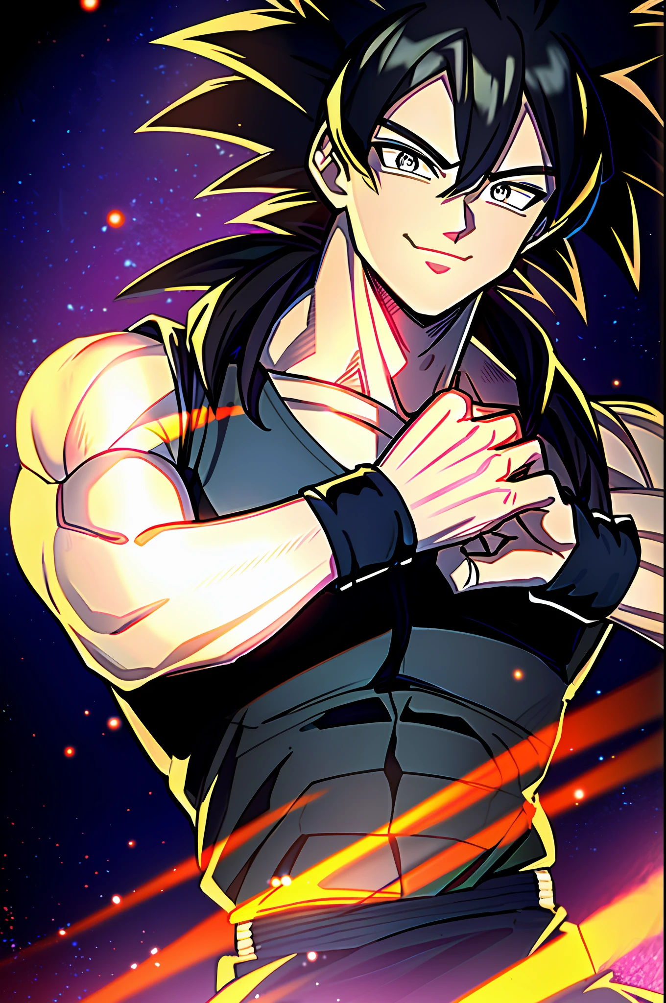 Son goku black, 1boy, backlight, black eyes, golden hair, blue bracelet, closed mouth, dougi, lock of hair, hands up, light particles, looking at viewer, male focus, muscular, muscular man, pectorals, smile, solo, long hair, upper body, bracelet, ((masterpiece))