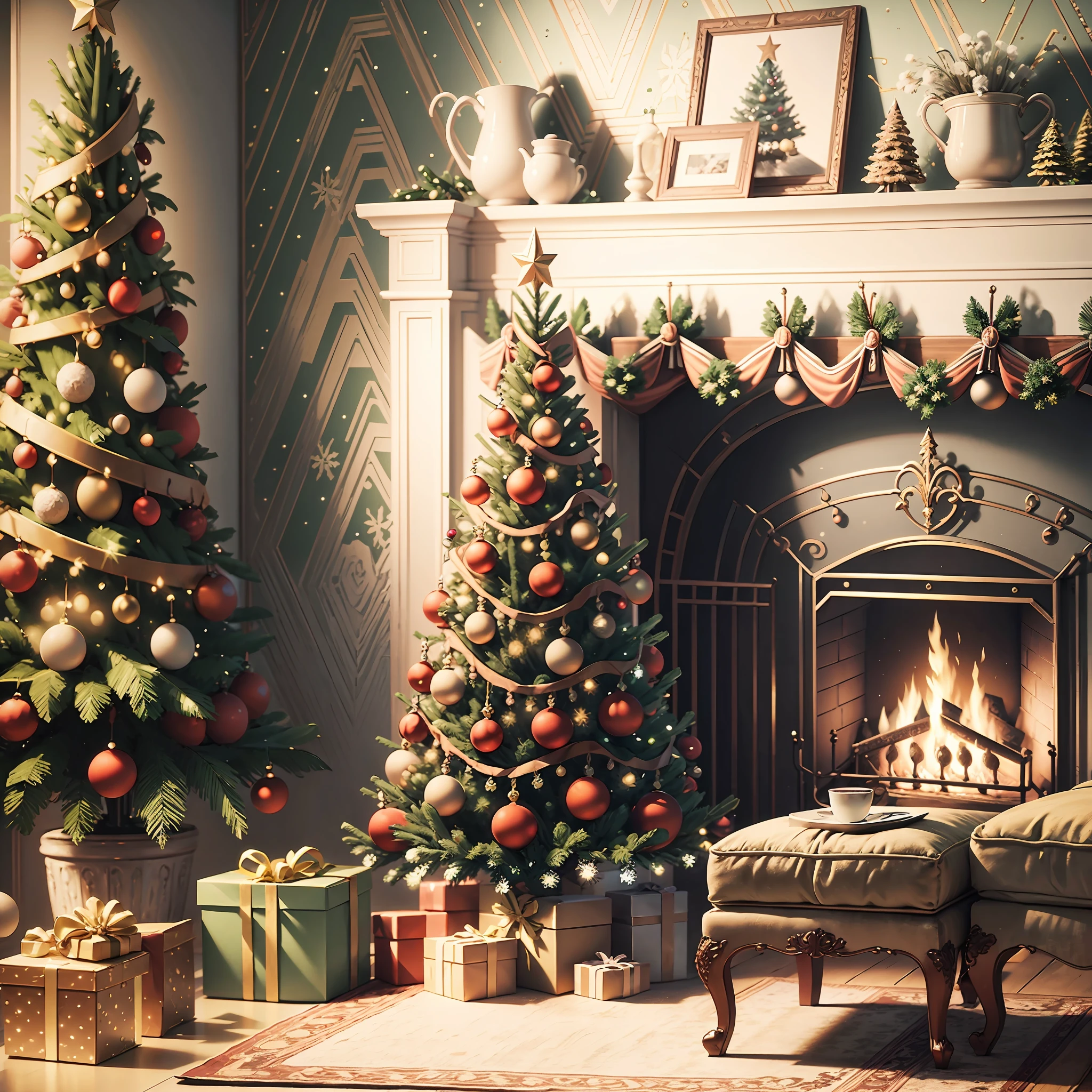 front view full christmas tree, armchair and fireplace, real photography, super realistic rendering, realistic rendering, 8k, --auto --v6 --s2