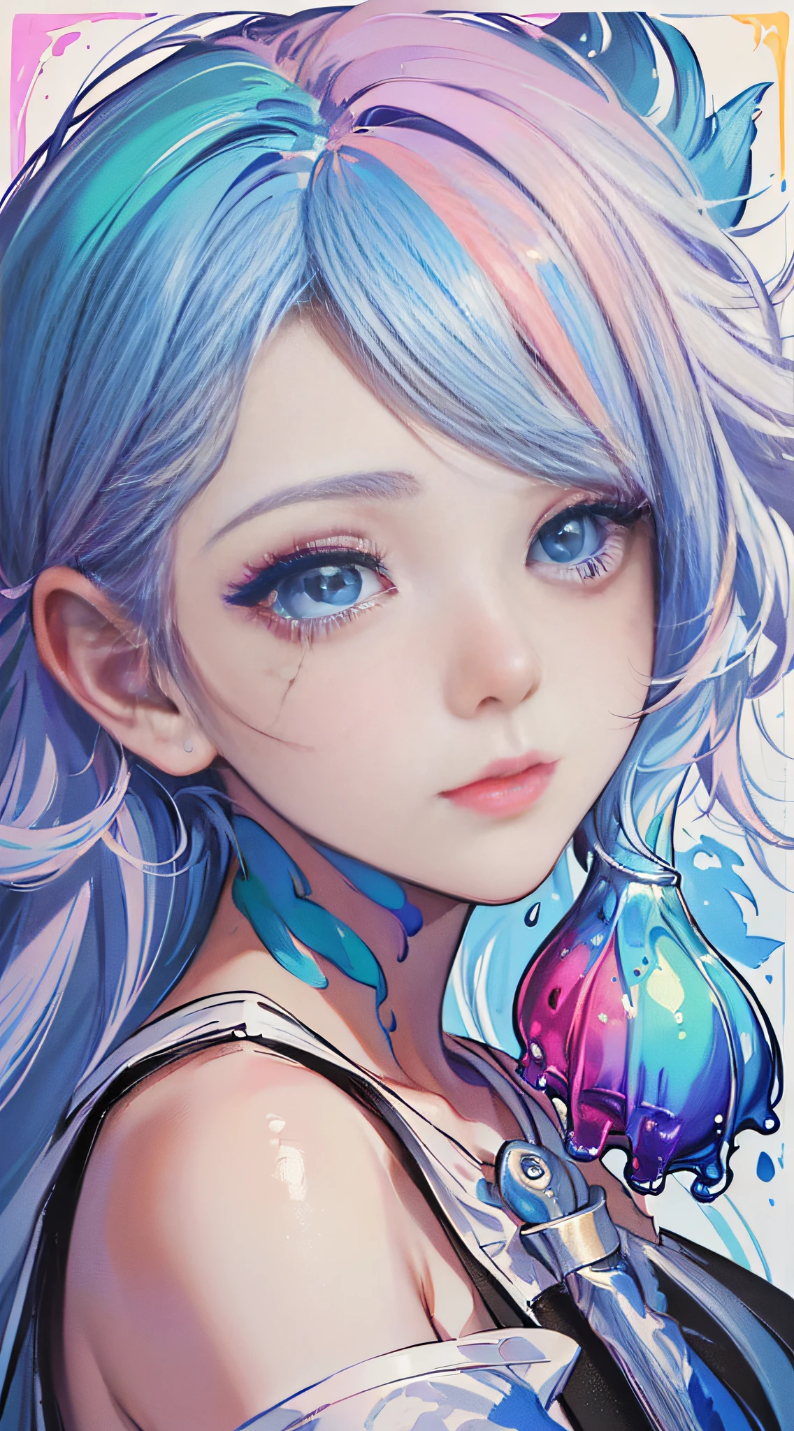 (Pink Fashion T-shirt:1.9),(Colorful hair: 1.8), (all the colours of the rainbow: 1.8),(((((vertical painting:1.6))), (painting:1.6),front, comics, illustrations, paintings, large eyes, crystal clear eyes,( rainbow color gradient high ponytail:1.7), exquisite makeup, closed mouth,(Small Fresh: 1.5),(Wipe Chest: 1.6) ,long eyelashes, white off shoulder T-shirt, White Shoulder Shirt,looking at the audience, large watery eyes, (rainbow colored hair:1.6), color splash, (solo:1.8), color splash, color explosion, thick paint style, messy lines, ((shining)),(colorful), (colorful), (colorful), colorful, Thick Paint Style, (Splash) (Color Splash), Vertical Painting, Upper Body, Paint Splash, Acrylic Pigment, Gradient, Paint, Highest Image Quality, Highest Quality, Masterpiece, Solo, Depth of Field, Face Paint, colorful clothes, (Elegant: 1.2), gorgeous,long hair, wind, (Elegant: 1.3), (Petals: 1.4),(((masterpiece))),(((best quality))),((ultra-detailed)),(illustration),(dynamic angle),((floating)),(paint),((disheveled hair)),(solo),(1girl) , (((detailed anima face))),((beautiful detailed face)),collar,bare shoulders,white hair, ((colorful hair)),((streaked hair)),beautiful detailed eyes,(Gradient color eyes),(((colorful eyes))),(((colorful background))),(((high saturation))),(((surrounded by colorful splashes))),