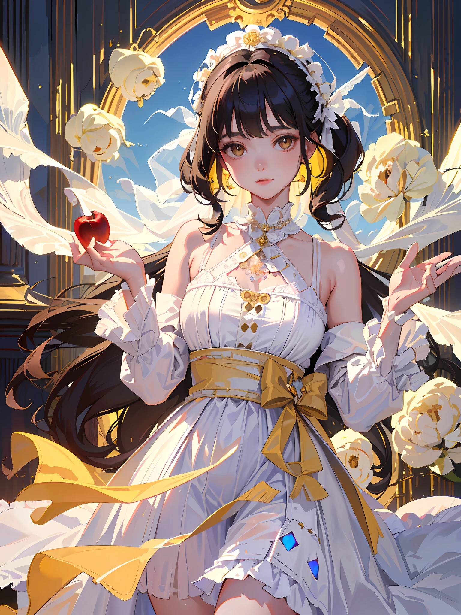 ((4k,masterpiece,best quality),Solo,1girl,bunches hair,wavy black hair,white skin,detailed clothes, olded lolita dress(ruby and cream colors)holding an apple,beautiful face,brown eyes,slimish,lighting yellow,basic bacground((opal color),look at viewer