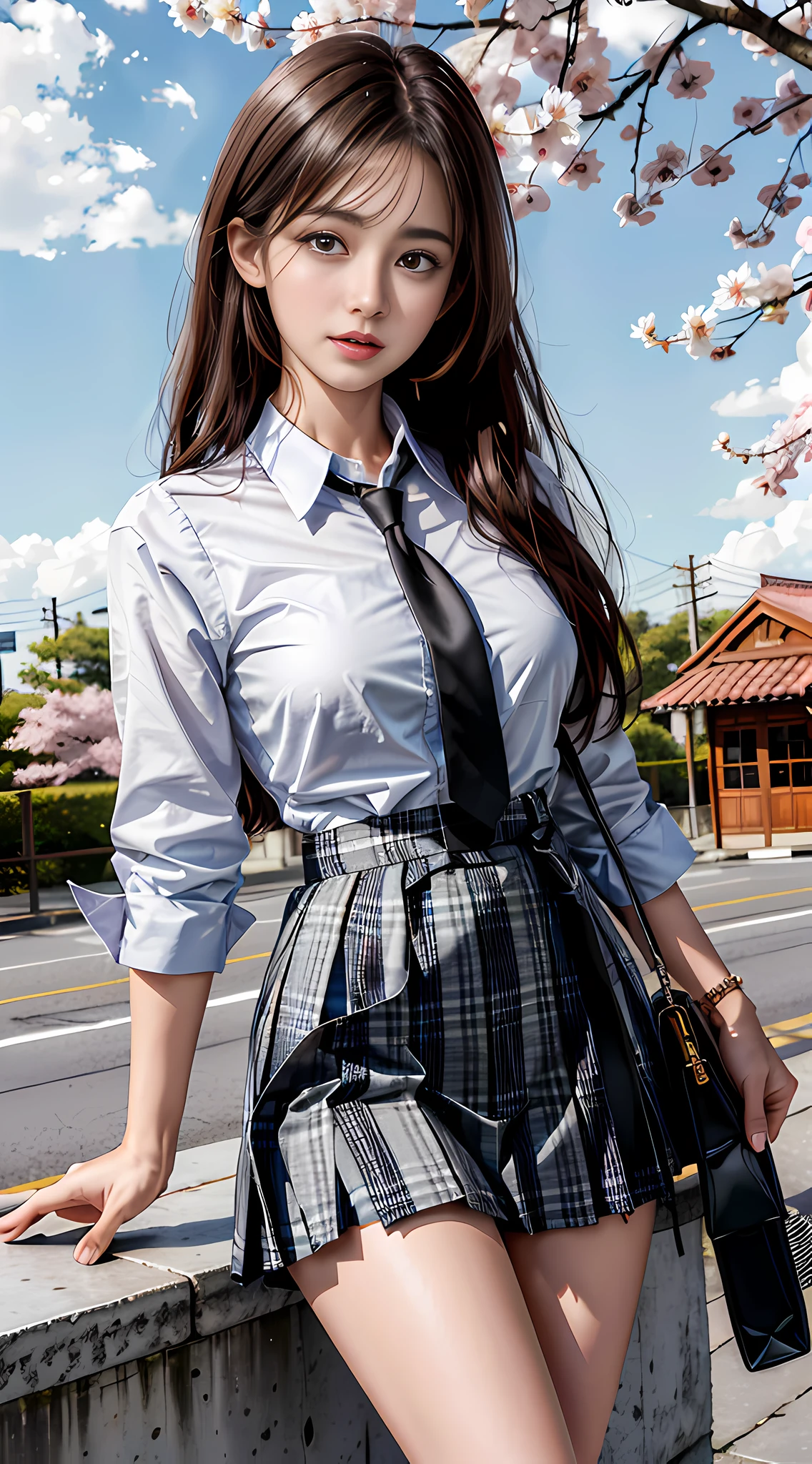 masterpiece, best quality, full body, 1girl, bangs, black choker, black necktie, black hair, blue skirt, blush, bracelet, breasts, choker, clothes around waist, collarbone, collared shirt, cowboy shot, dress shirt, ear piercing, eyebrows visible through hair, gradient hair, grin, gyaru, jewelry, kogal, long hair, looking at viewer, loose necktie, necktie, piercing, plaid, plaid skirt, pleated skirt, red eyes, ring, school uniform, shirt, skirt, smile, solo, white shirt, street, sky, cherry blossoms, petals,illustration, (magazine:1.3), (cover-style:1.3), fashionable, woman, vibrant, outfit, posing, front, colorful, dynamic, background, elements, confident, expression, holding, statement, accessory, majestic, coiled, around, touch, scene, text, cover, bold, attention-grabbing, title, stylish, font, catchy, headline, larger, striking, modern, trendy, focus, fashion,