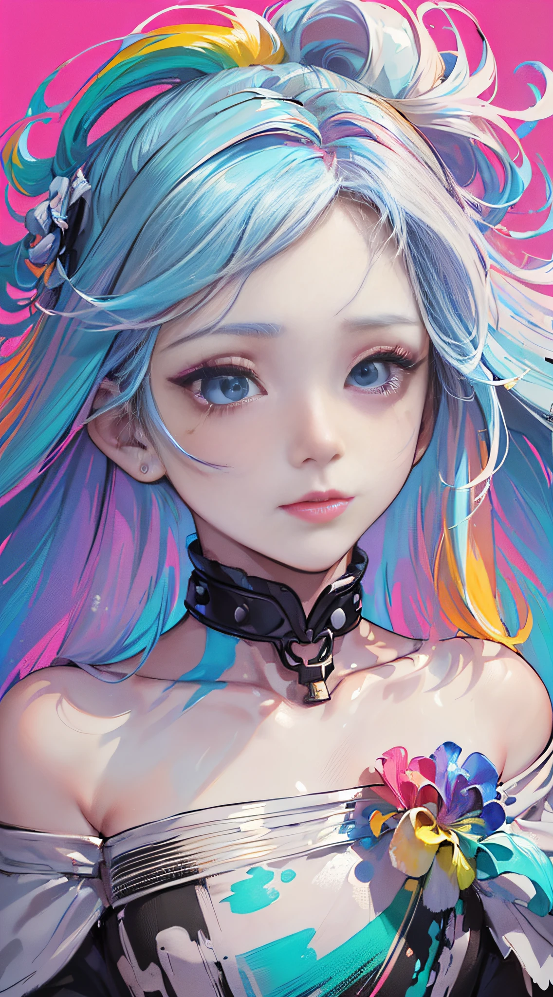 (Pink Fashion T-shirt:1.9),(Colorful hair: 1.8), (all the colours of the rainbow: 1.8),(((((vertical painting:1.6))), (painting:1.6),front, comics, illustrations, paintings, large eyes, crystal clear eyes,( rainbow color gradient high ponytail:1.7), exquisite makeup, closed mouth,(Small Fresh: 1.5),(Wipe Chest: 1.6) ,long eyelashes, white off shoulder T-shirt, White Shoulder Shirt,looking at the audience, large watery eyes, (rainbow colored hair:1.6), color splash, (solo:1.8), color splash, color explosion, thick paint style, messy lines, ((shining)),(colorful), (colorful), (colorful), colorful, Thick Paint Style, (Splash) (Color Splash), Vertical Painting, Upper Body, Paint Splash, Acrylic Pigment, Gradient, Paint, Highest Image Quality, Highest Quality, Masterpiece, Solo, Depth of Field, Face Paint, colorful clothes, (Elegant: 1.2), gorgeous,long hair, wind, (Elegant: 1.3), (Petals: 1.4),(((masterpiece))),(((best quality))),((ultra-detailed)),(illustration),(dynamic angle),((floating)),(paint),((disheveled hair)),(solo),(1girl) , (((detailed anima face))),((beautiful detailed face)),collar,bare shoulders,white hair, ((colorful hair)),((streaked hair)),beautiful detailed eyes,(Gradient color eyes),(((colorful eyes))),(((colorful background))),(((high saturation))),(((surrounded by colorful splashes))),