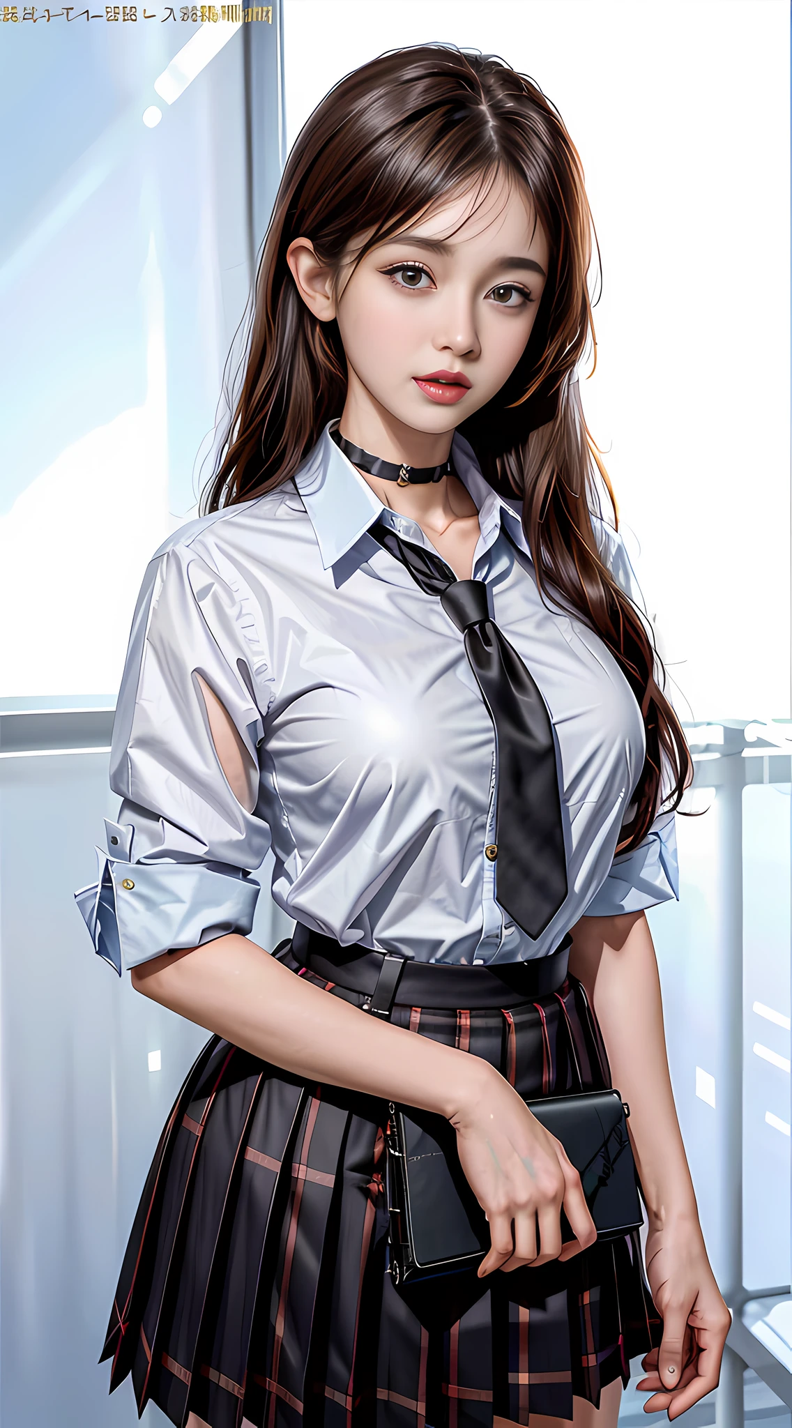 masterpiece, best quality, full body, 1girl, bangs, black choker, black necktie, black hair, blue skirt, blush, bracelet, breasts, choker, clothes around waist, collarbone, collared shirt, cowboy shot, dress shirt, ear piercing, eyebrows visible through hair, gradient hair, grin, gyaru, jewelry, kogal, long hair, looking at viewer, loose necktie, necktie, piercing, plaid, plaid skirt, pleated skirt, red eyes, ring, school uniform, shirt, skirt, smile, solo, white shirt, street, sky, cherry blossoms, petals,illustration, (magazine:1.3), (cover-style:1.3), fashionable, woman, vibrant, outfit, posing, front, colorful, dynamic, background, elements, confident, expression, holding, statement, accessory, majestic, coiled, around, touch, scene, text, cover, bold, attention-grabbing, title, stylish, font, catchy, headline, larger, striking, modern, trendy, focus, fashion,