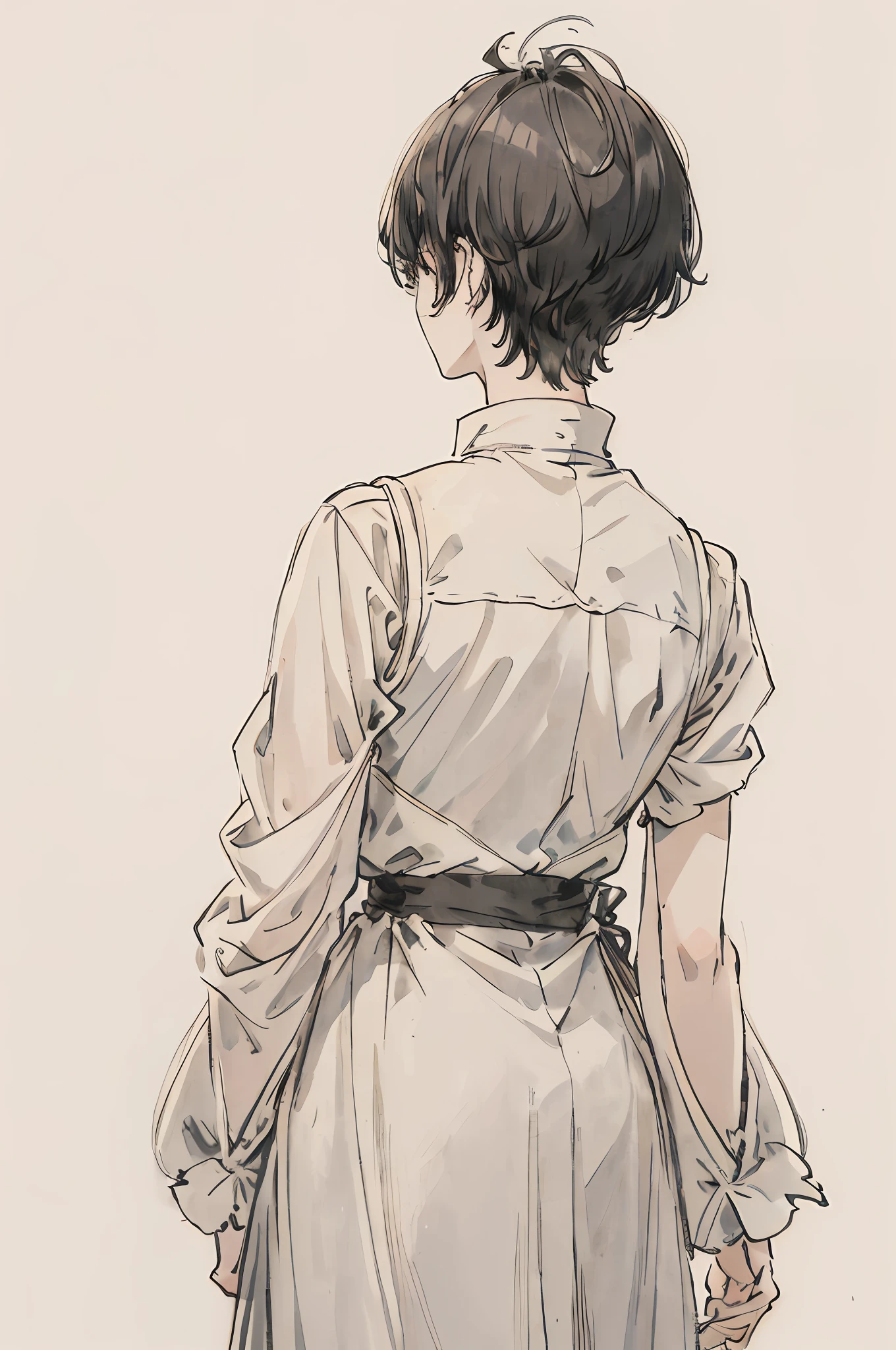 Back view, masterpiece, top quality, very delicate and beautiful girl, very delicate and beautiful, world masterpiece theater, super definition, top quality, ash gray hair color, high resolution, very elaborate, very short, neutral, boy, white background, short hair, short hair