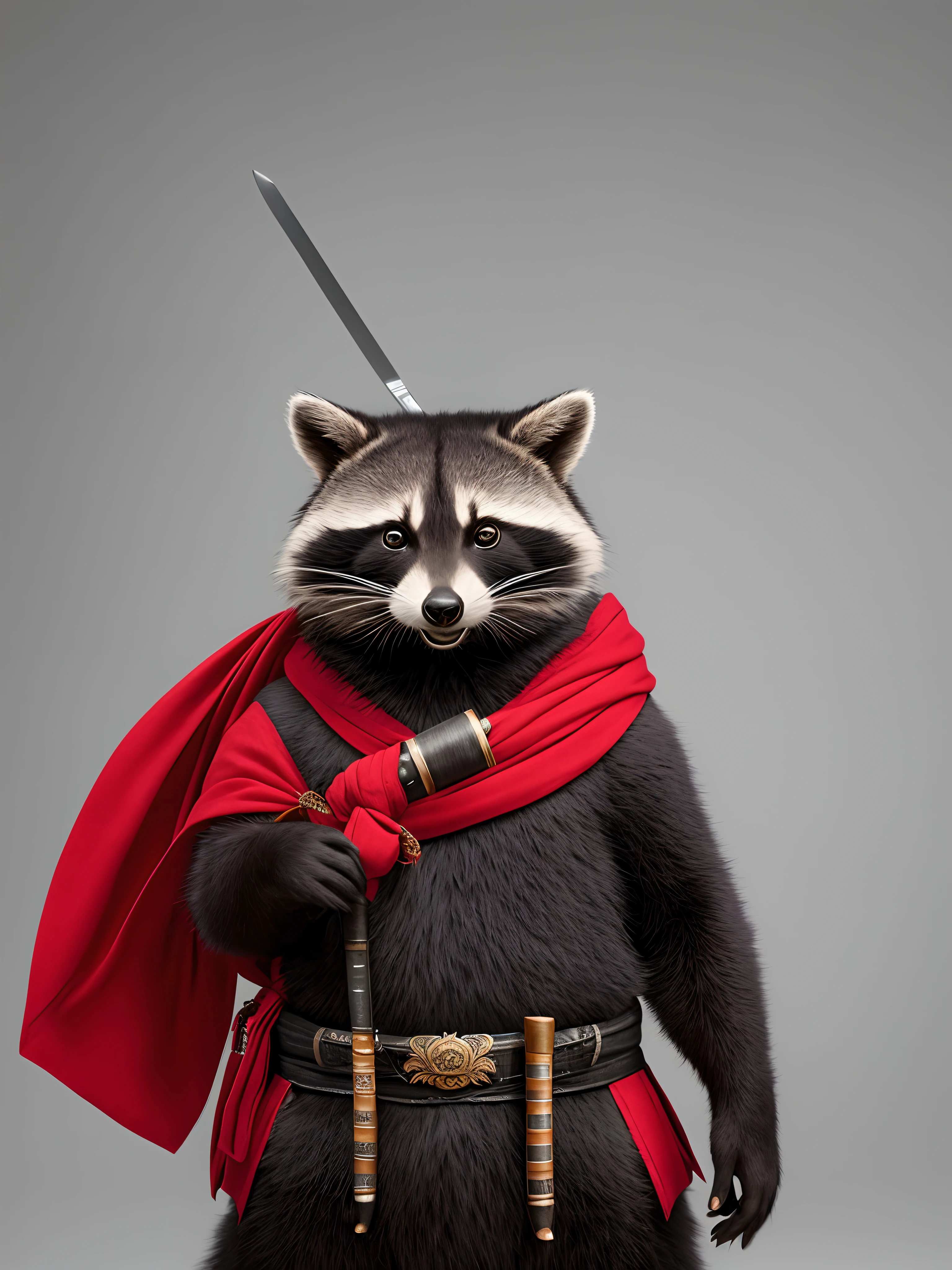 A large raccoon cat stands holding a Japanese samurai sword and has a red turban on its head. Wearing a Japanese samurai costume. It has a fierce face. The background is mainly space gray.