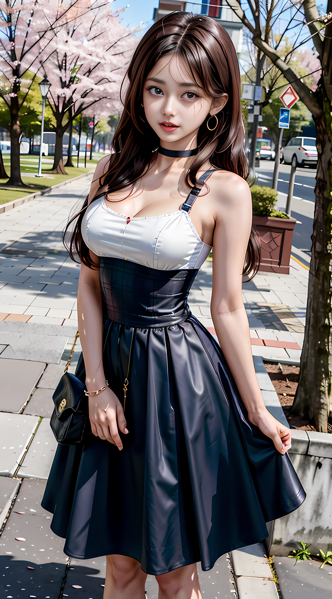 Masterpiece, Superb Piece, Full Body, 1Girl, Bangs, Black Choker, Black Tie, Black Hair, Blue Dress, Blush, Bracelet, Beautiful Breasts, Choker, Corsets, Collarbones, Collared Shirts, Denim Photos, Dress Shirts, Pierced Ears, Eyebrows Visible Through Hair, Gradient Hair, Grin, Gyaru, Jewelry, Kogal, Long Hair, Look at the Audience, Loose Tie, Tie, Piercing, Plaid Skirt, Plaid Skirt, Pleated Skirt, Red Eyes, Ring, School Uniform, Shirt, Skirt, Smile, Solo, white shirt, street, sky, cherry blossoms, petals, illustration, (magazine: 1.3), (cover style: 1.3), real, fashionable, woman, vitality, dressing, posing, front, colorful, dynamic, background, element, confident, expressive, holding, statement, attachment, majestic, coiled, around, touch, scene, text, cover, bold, eye-catching, title, fashion, font, catchy, title, bigger, eye-catching, modern, fashionable, focused, fashionable,