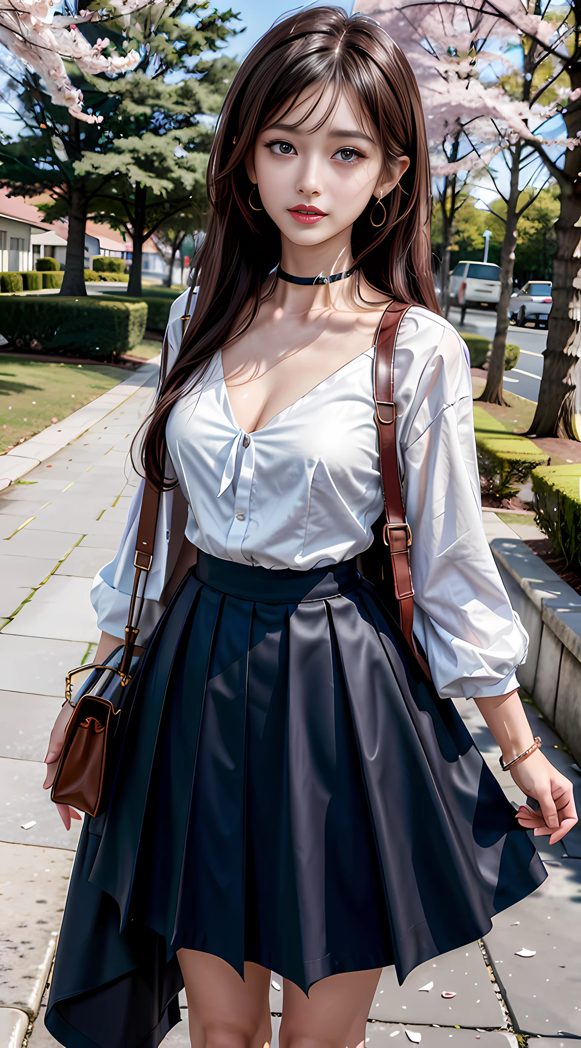 Masterpiece, Superb Piece, Full Body, 1Girl, Bangs, Black Choker, Black Tie, Black Hair, Blue Dress, Blush, Bracelet, Beautiful Breasts, Choker, Corsets, Collarbones, Collared Shirts, Denim Photos, Dress Shirts, Pierced Ears, Eyebrows Visible Through Hair, Gradient Hair, Grin, Gyaru, Jewelry, Kogal, Long Hair, Look at the Audience, Loose Tie, Tie, Piercing, Plaid Skirt, Plaid Skirt, Pleated Skirt, Red Eyes, Ring, School Uniform, Shirt, Skirt, Smile, Solo, white shirt, street, sky, cherry blossoms, petals, (real: 1.5), fashion, woman, vitality, dressing, posing, front, colorful, dynamic, background, element, confident, expressive, holding, statement, attachment, majestic, coiled, around, touch, scene, text, cover, bold, eye-catching, title, fashion, font, catchy, title, bigger, eye-catching, modern, stylish, focused, stylish,