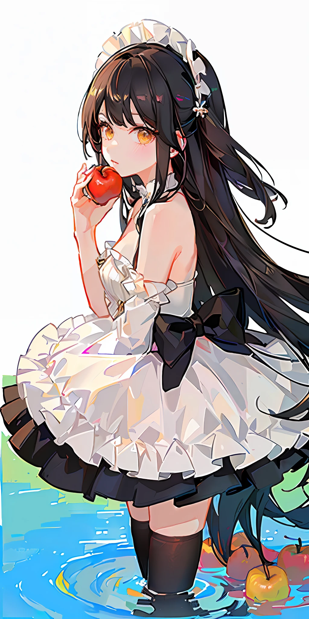 4k,masterpiece,best quality),Solo,1girl,bunches hair,wavy black hair,white skin,detailed clothes, olded ta dress(ruby and cream colors)holding an apple,beautiful face,brown eyes,slimish,lighting yellow,basic bacground(opal color),look at viewer