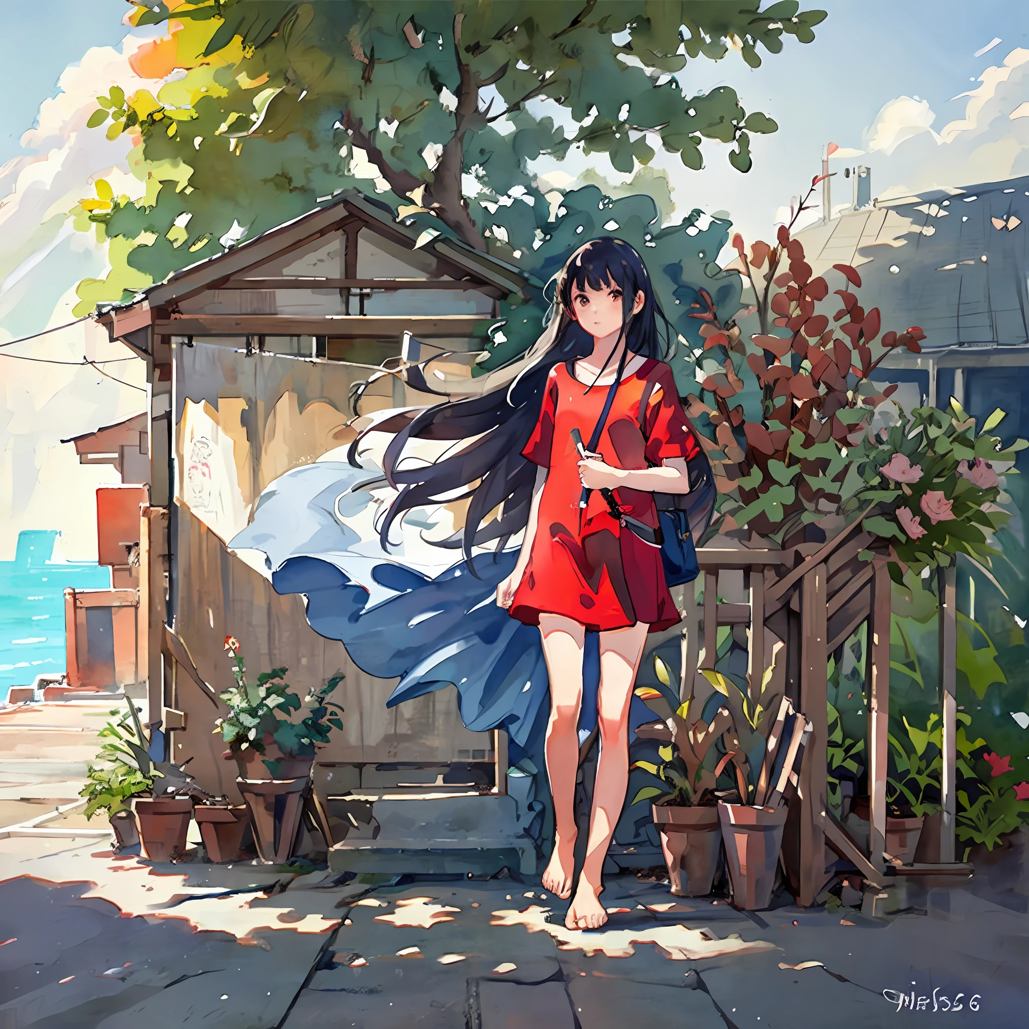 1girl, red, sea, ocean, style: watercolour, seagulls, promenade, quay, barefoot, dress, mksks style, masterpiece, best quality, ultra-detailed, illustration, photorealistic
