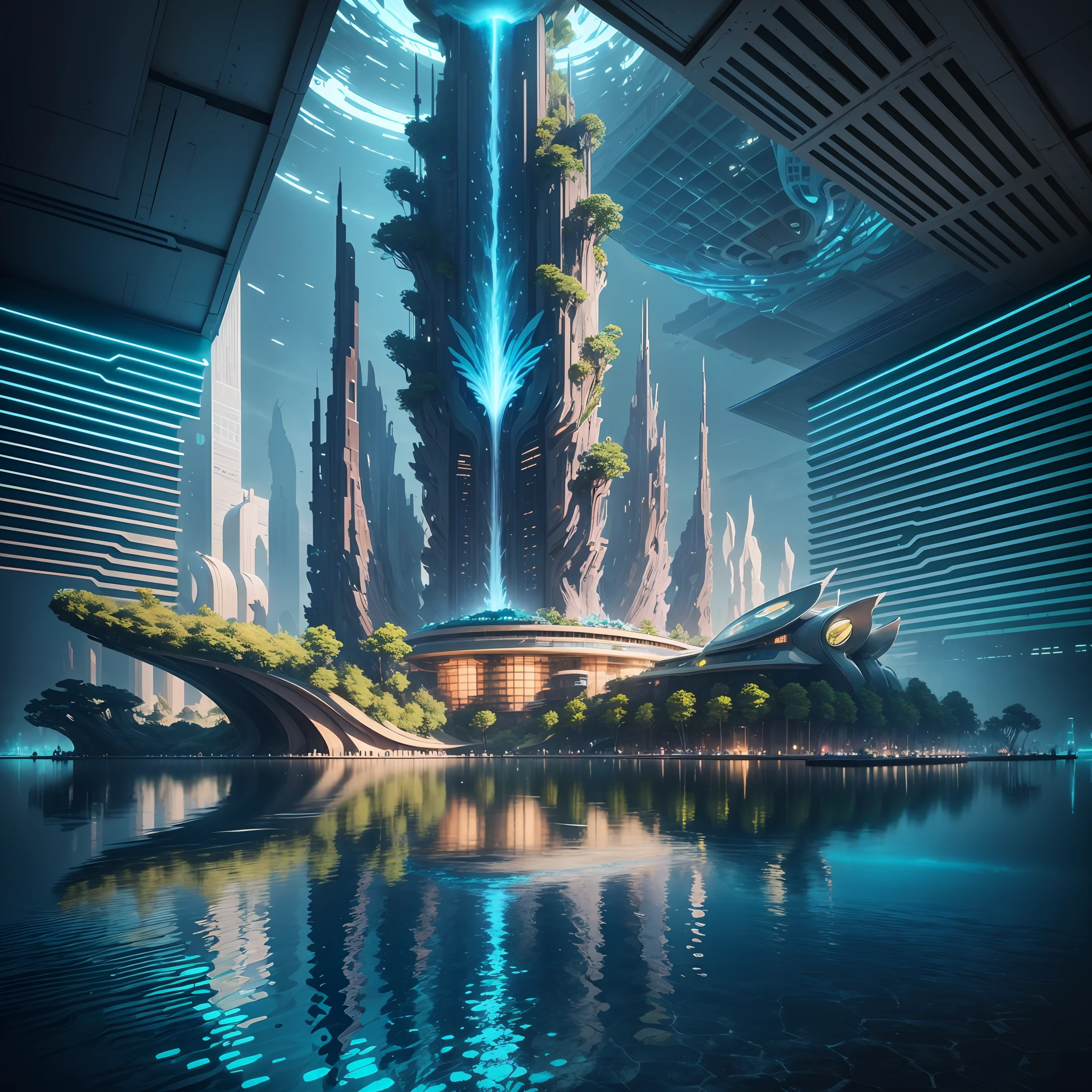 Science Fiction, Cities modern futuristic design large underwater city, futuristic underwater cityscape, a artificial waterfall and a pond with colorful flowers in the middle, nature meets underwater architecture, built inside ocean, realistic beehive architecture, organic underwater architecture, Reality very close to real nature, breathtaking render,city with underwater forest , advanced civilization technology,stunning architecture, luxury architecture, realistic fantasy render, by Zha Shibiao, epic and stunning, architectural visualization, epic architecture, concept art. 8 k --auto --v6 --s2