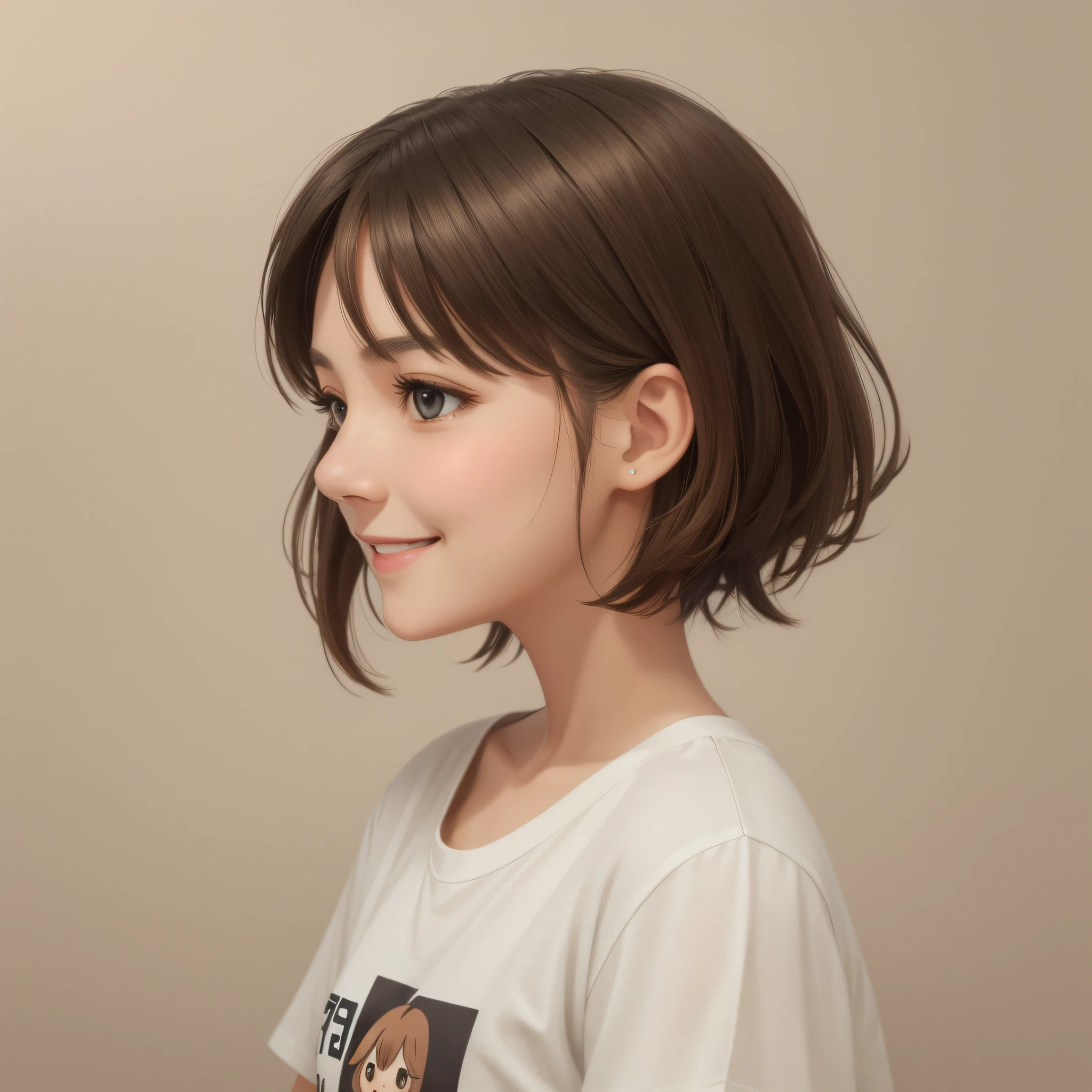 Original, woman profile, left face, brown short hair, young lady, big eyes, white t-shirt, cuteness, smile, cuddly pose, black eyes --s --auto --s2