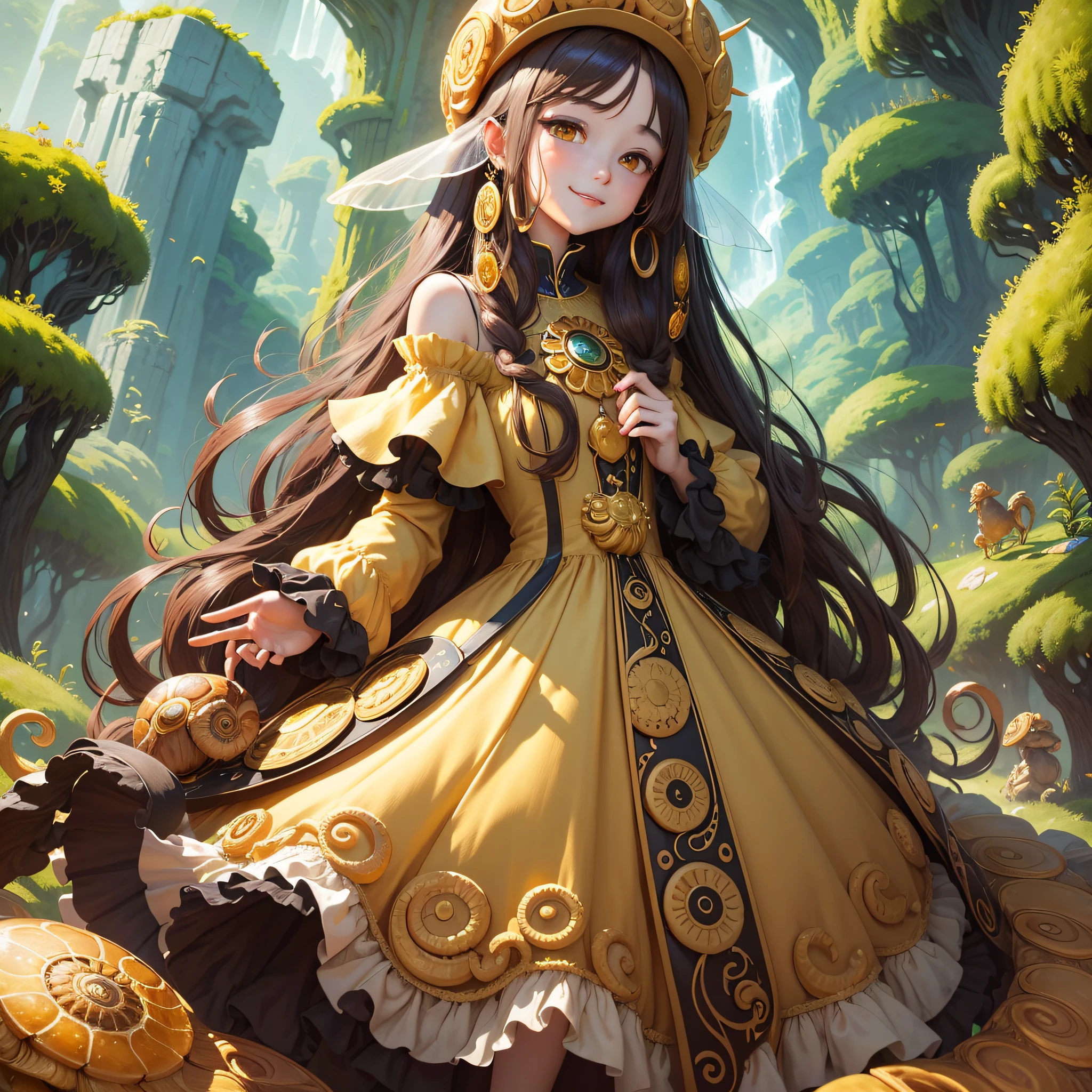 Masterpiece, high resolution, Q version of anthropomorphic ammonite thumbelina, golden yellow long dress, golden eyes, long black hair, grinning head up --auto --s2