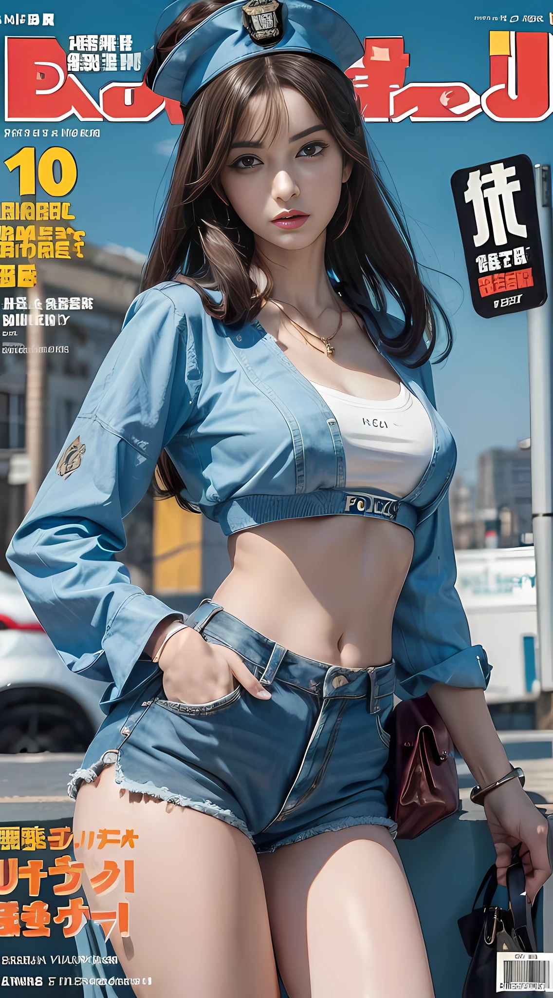 ((((best quality))), (((ultra detailed))), (((masterpiece))), illustration,(Magazine cover-style illustration of a fashionable woman in a vibrant outfit), posing in front of a colorful and dynamic background. She has a confident expression and is holding a statement accessory, The text on the cover should be bold and attention-grabbing, with the title of the magazine and a catchy headline. The overall style should be modern and trendy, with a focus on fashion and lifestyle),
wall paper,crowds,fashion,Lipstick,ray tracing,depth of field, street,in public,day
1girl,solo,looking at viewer, glossy skin, contrapposto,  navel, midriff, necklace, female focus,model,medium breasts, ,street,in public,police hat, police uniform, handcuffs,short shorts, arms crossed,
cool, see-through, school uniform,jitome,
,underboob,floating hair, sexy ,fine fabric emphasis, dynamic pose, negative space:0.35, realistic:1.33,