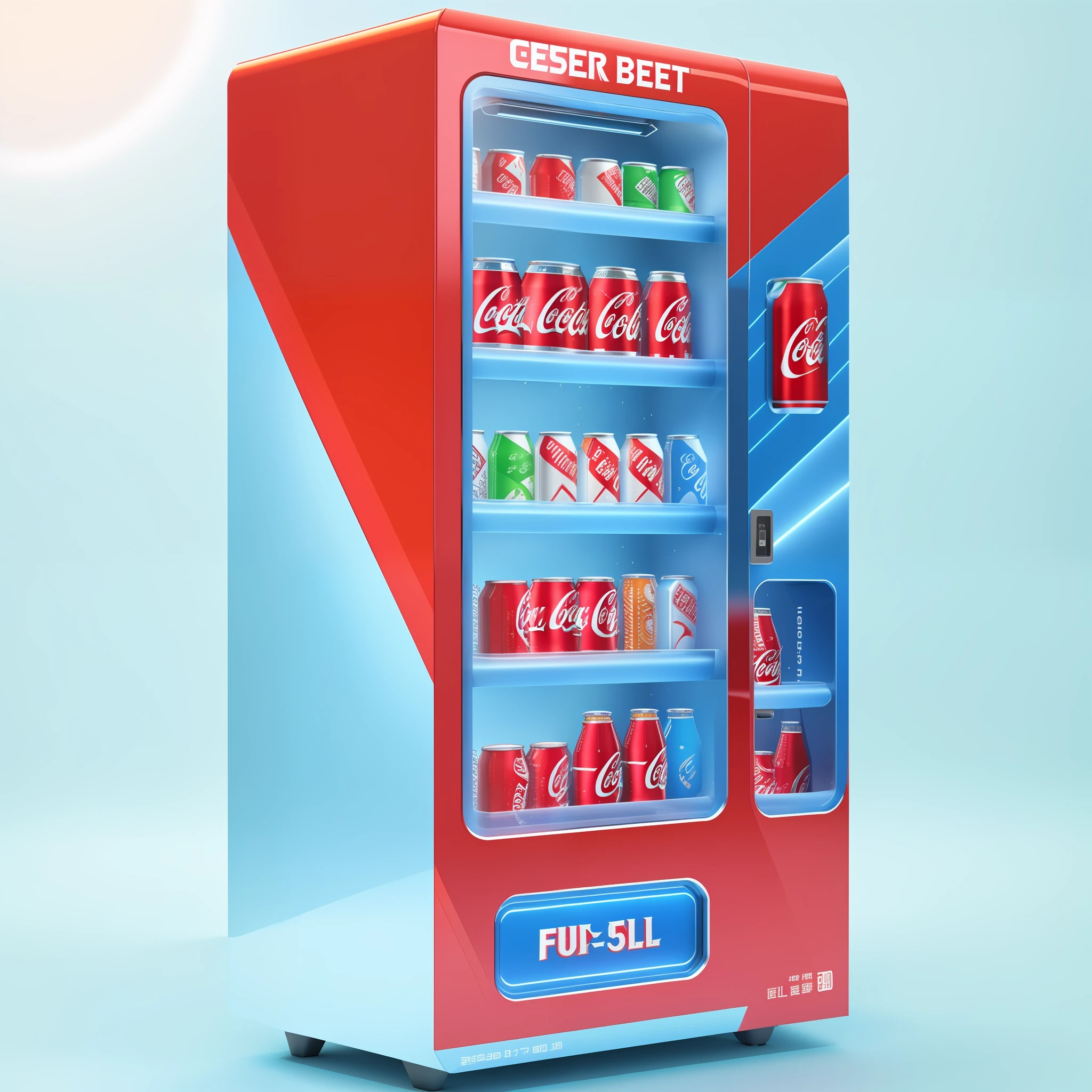 With the expression of the drink, close-up of the drink, 3D product rendering, machine, high-quality product image display, vending machine, vending machine, sci-fi vending machine, high-quality product, machine, high-quality product image", future, high quality, 3D product, f 2.0, large size, some beer or some sparkling water and other elements mixed, product rendering, style reference lively representative elements, there are reasonable elements on the fuselage such as Coca-Cola, the overall blue and red are dominant, 50% color distribution each