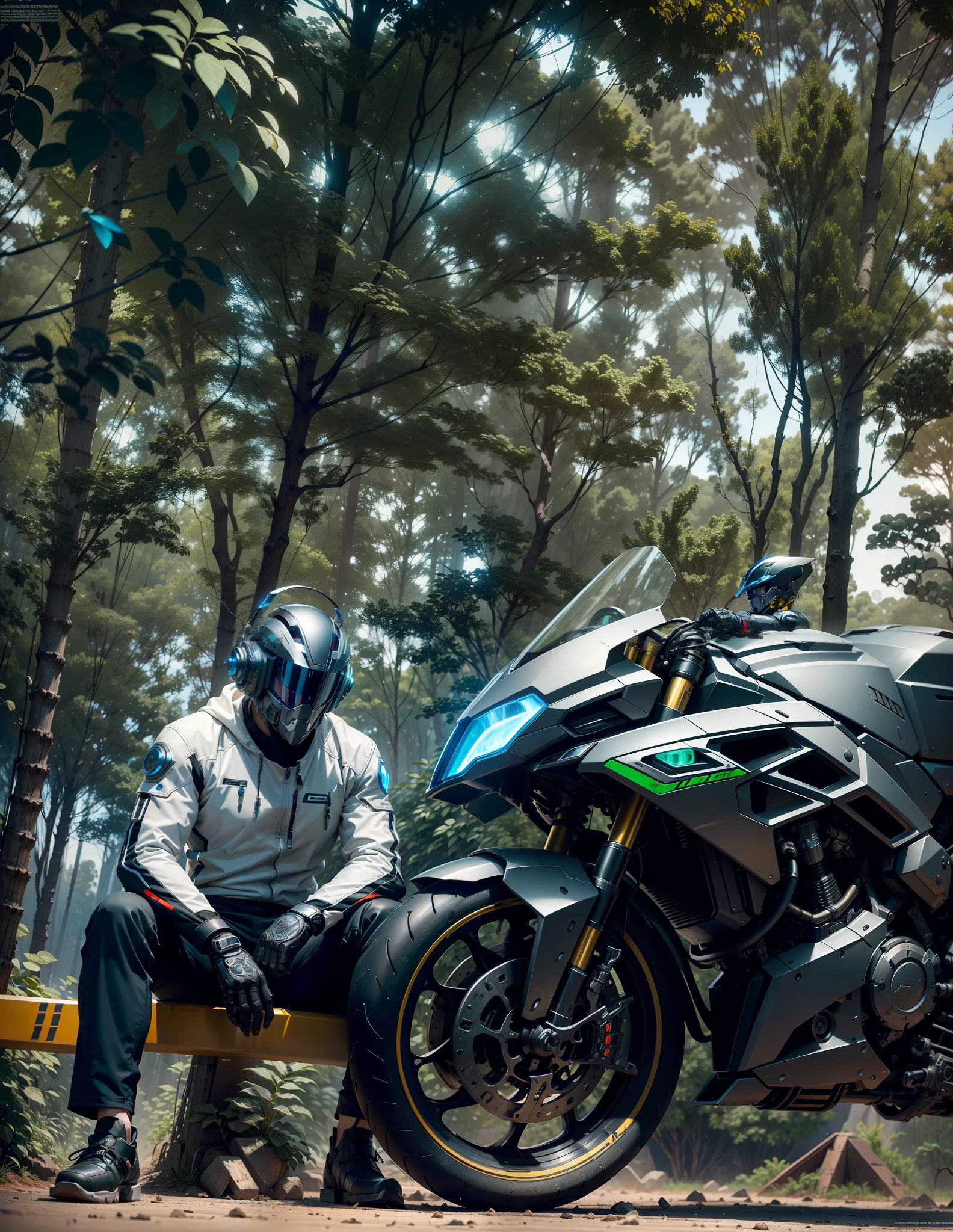 Cyber Male Warrior and Cyber Tech Mechanical Motorcycle, Mech Suit and Full Surround Mech Helmet, Nousr, Biomechanics, MSHN Robot Man, surreal, steel, intricate design, crazy detail, fine details, extremely clear lines, cinematic lighting, photo realistic, detailed masterpiece