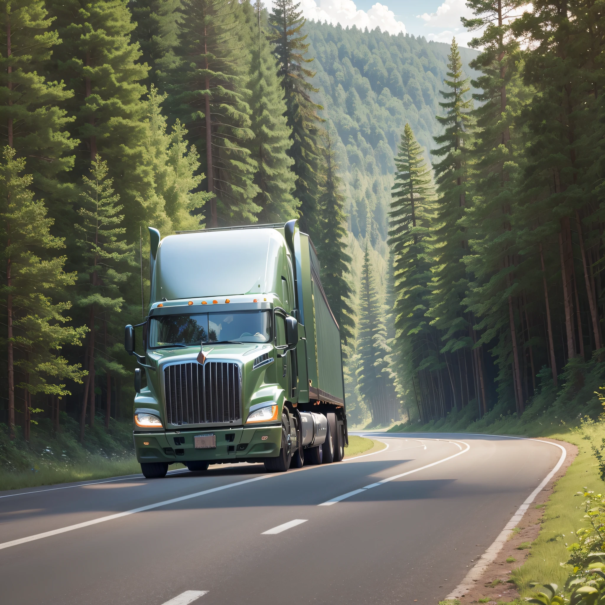A semi-truck in the foreground on a road surrounded by forests, trees and greenery --auto --s2