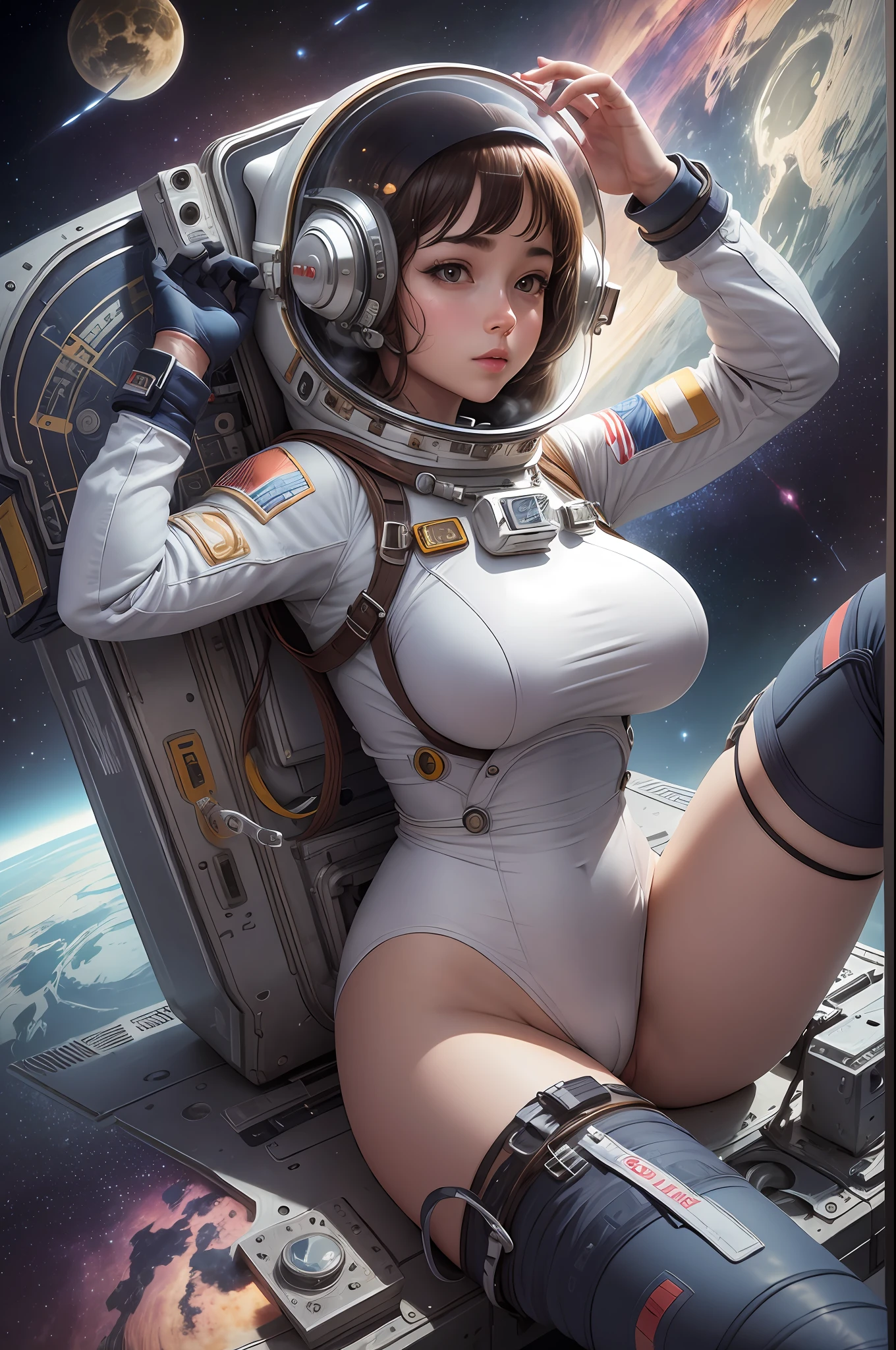 High Resolution, Masterpiece, Super Detailed, Astronaut Girl, Stockings, Beautiful Figure, Big Breasts, Space, Floating