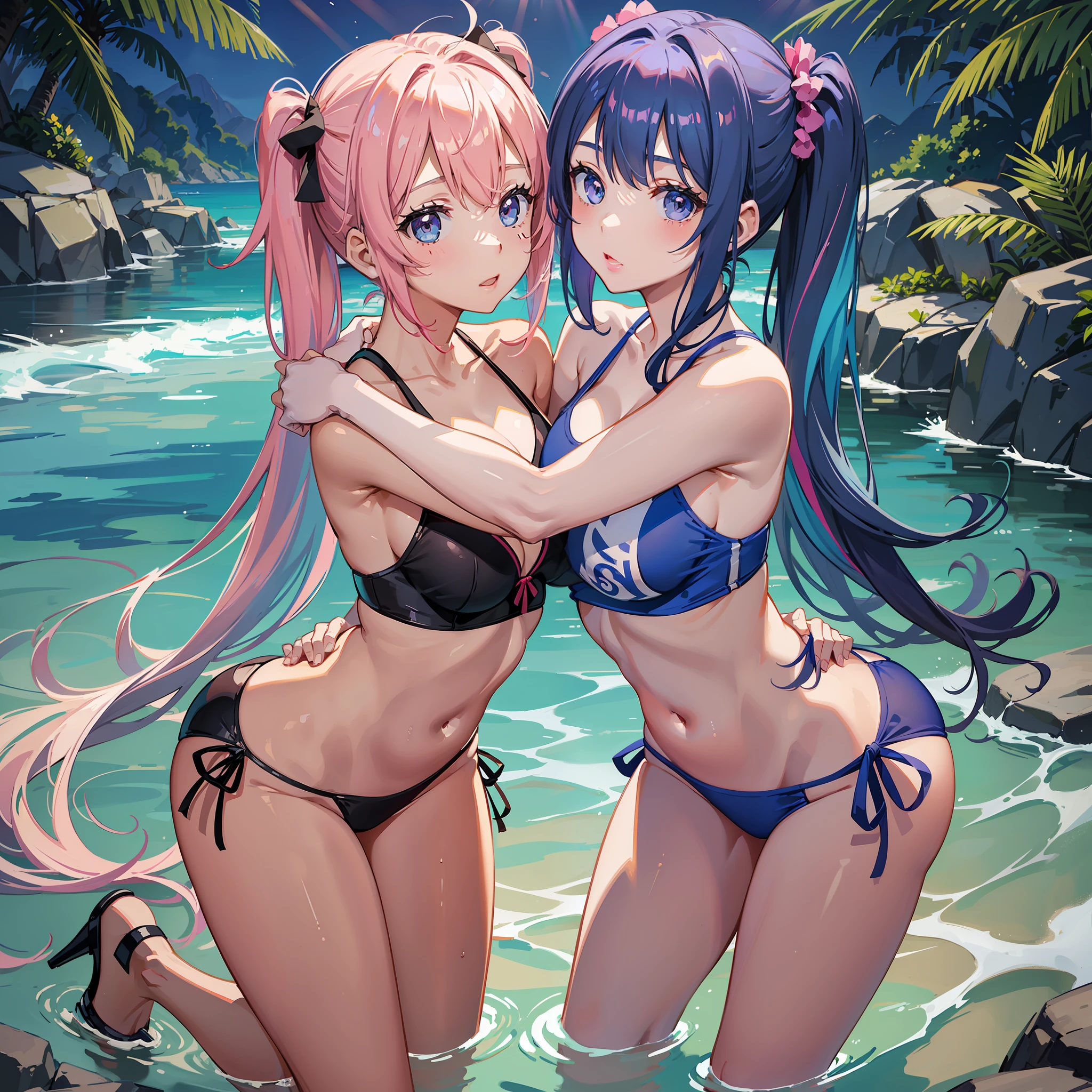 Two beautiful girls hugging in swimsuits, wedding, beautiful girl with pink hair twin tails, beautiful girl with light blue hair short bob, twilight rays staring with moist eyes, racy swimsuit, see-through sailor suit 1.3, bikini, cheek sliding, high heels, natural light, overhead view, twilight rays, oblique light, angel ladder, neat, clean, pure,