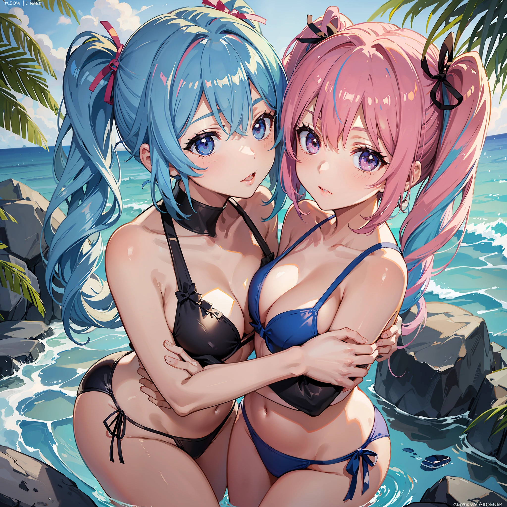 Two beautiful girls hugging in swimsuits, wedding, beautiful girl with pink hair twin tails, beautiful girl with light blue hair short bob, twilight rays staring with moist eyes, racy swimsuit, see-through sailor suit 1.3, bikini, cheek sliding, high heels, natural light, overhead view, twilight rays, oblique light, angel ladder, neat, clean, pure,