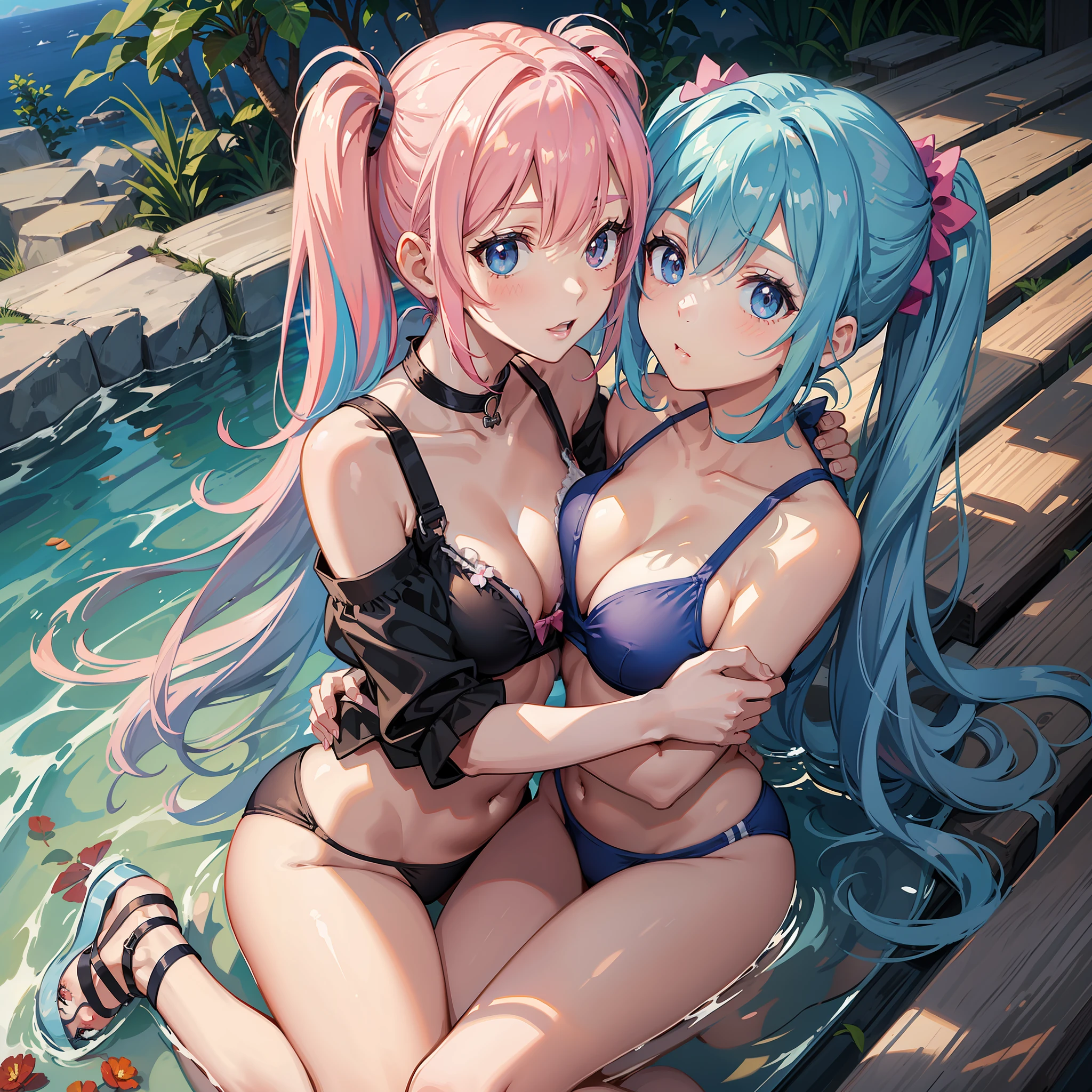 Two beautiful girls hugging in swimsuits, wedding, beautiful girl with pink hair twin tails, beautiful girl with light blue hair short bob, twilight rays staring with moist eyes, racy swimsuit, see-through sailor suit 1.3, bikini, cheek sliding, high heels, natural light, overhead view, twilight rays, oblique light, angel ladder, neat, clean, pure,