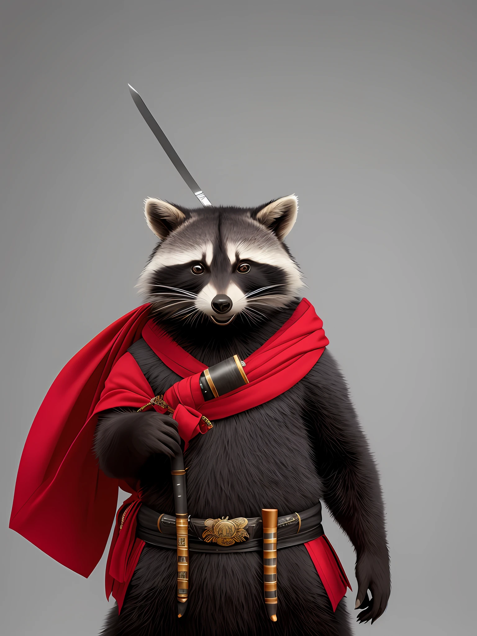 A large raccoon stands with a katana and a white turban wrapped around its head. Wearing a samurai uniform. It has a fierce face. The background is mainly space gray.