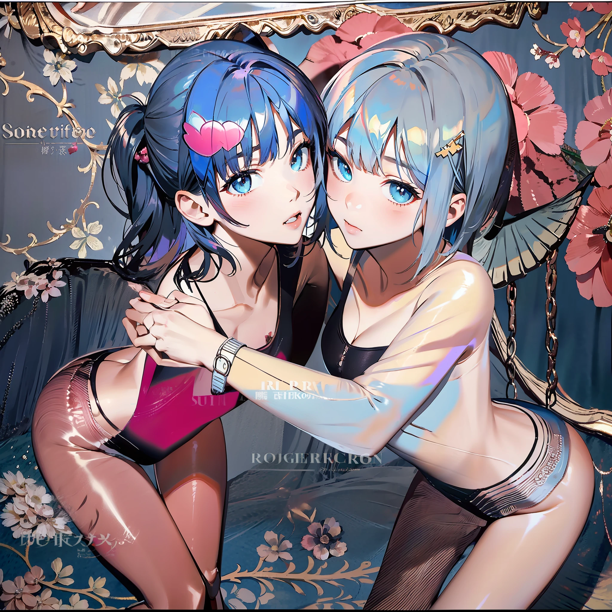 Two beautiful girls hugging in swimsuits, wedding, beautiful girl with pink hair twin tails, beautiful girl with light blue hair short bob, twilight rays staring with moist eyes, racy swimsuit, see-through sailor suit 1.3, bikini, cheek sliding, high heels, natural light, overhead view, twilight rays, oblique light, angel ladder, neat, clean, pure,