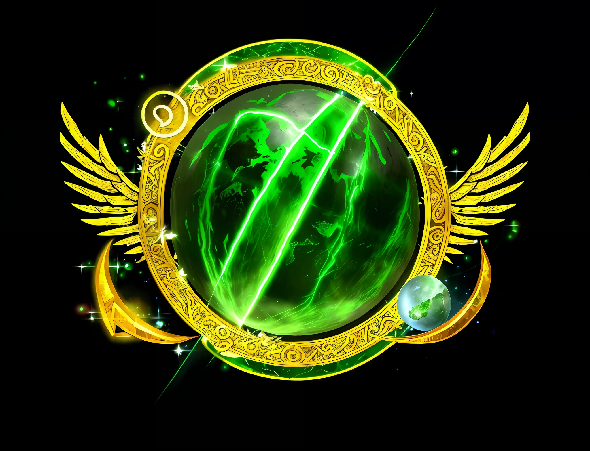 Lightning Element, Green Sphere, World of Warcraft Spell Icon, One Golden Wing on the Left and Right, Ancient Symbol Behind It, Symbol of Wisdom, Character Icon, Eternal Orb, Emerald Emissary, Ultimate Moon Gate, Herstone, Magic Spell Icon, Emerald Emissary